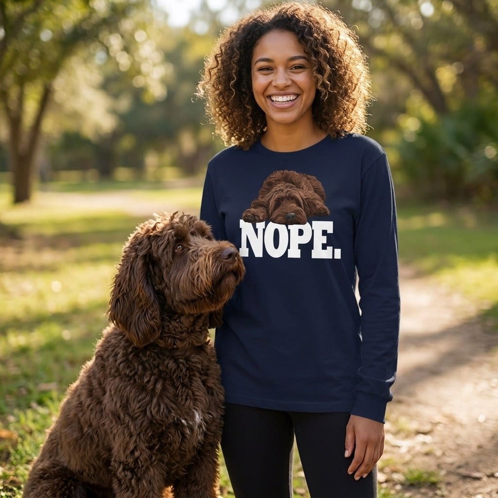 Chocolate Goldendoodle Labradoodle Nope Signature Long Sleeve T-Shirt in by Puppy Jo