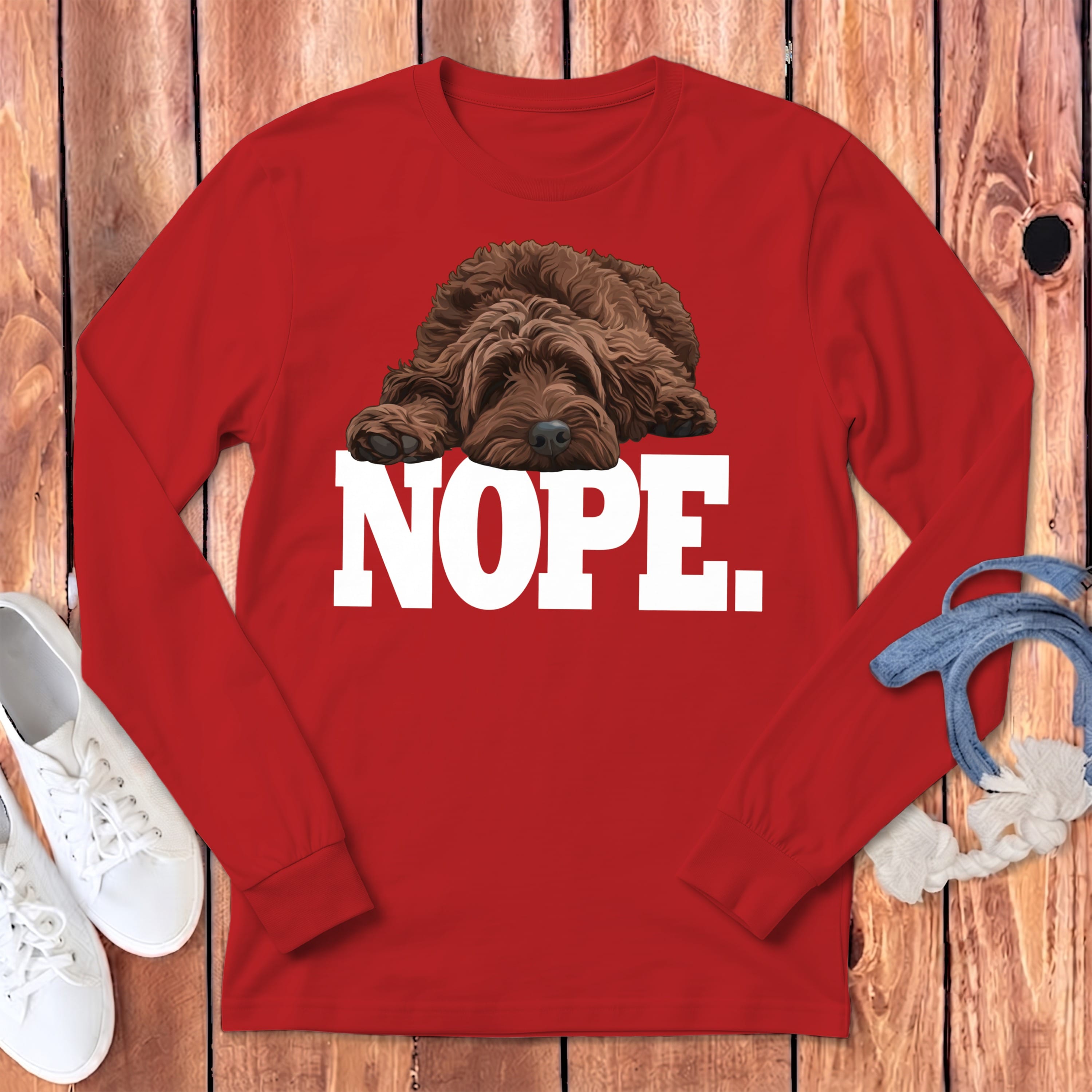 Chocolate Goldendoodle Labradoodle Nope Signature Long Sleeve T-Shirt in Red / S by Puppy Jo
