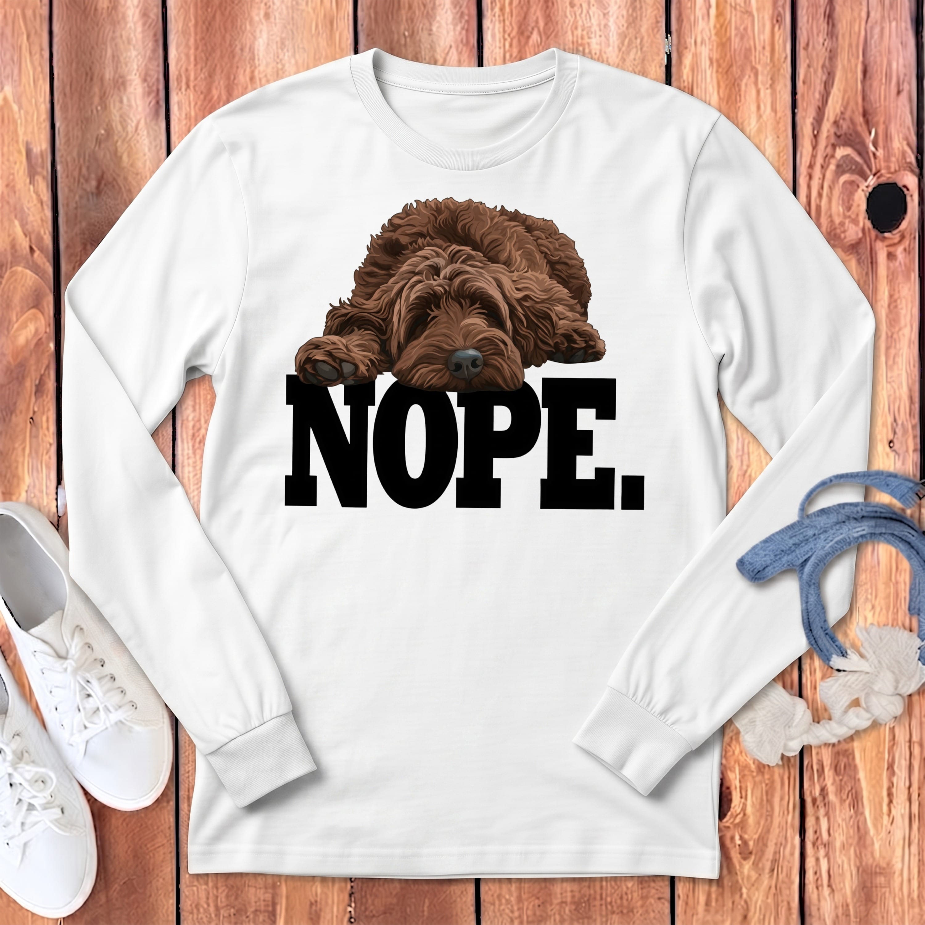 Chocolate Goldendoodle Labradoodle Nope Signature Long Sleeve T-Shirt in White / S by Puppy Jo