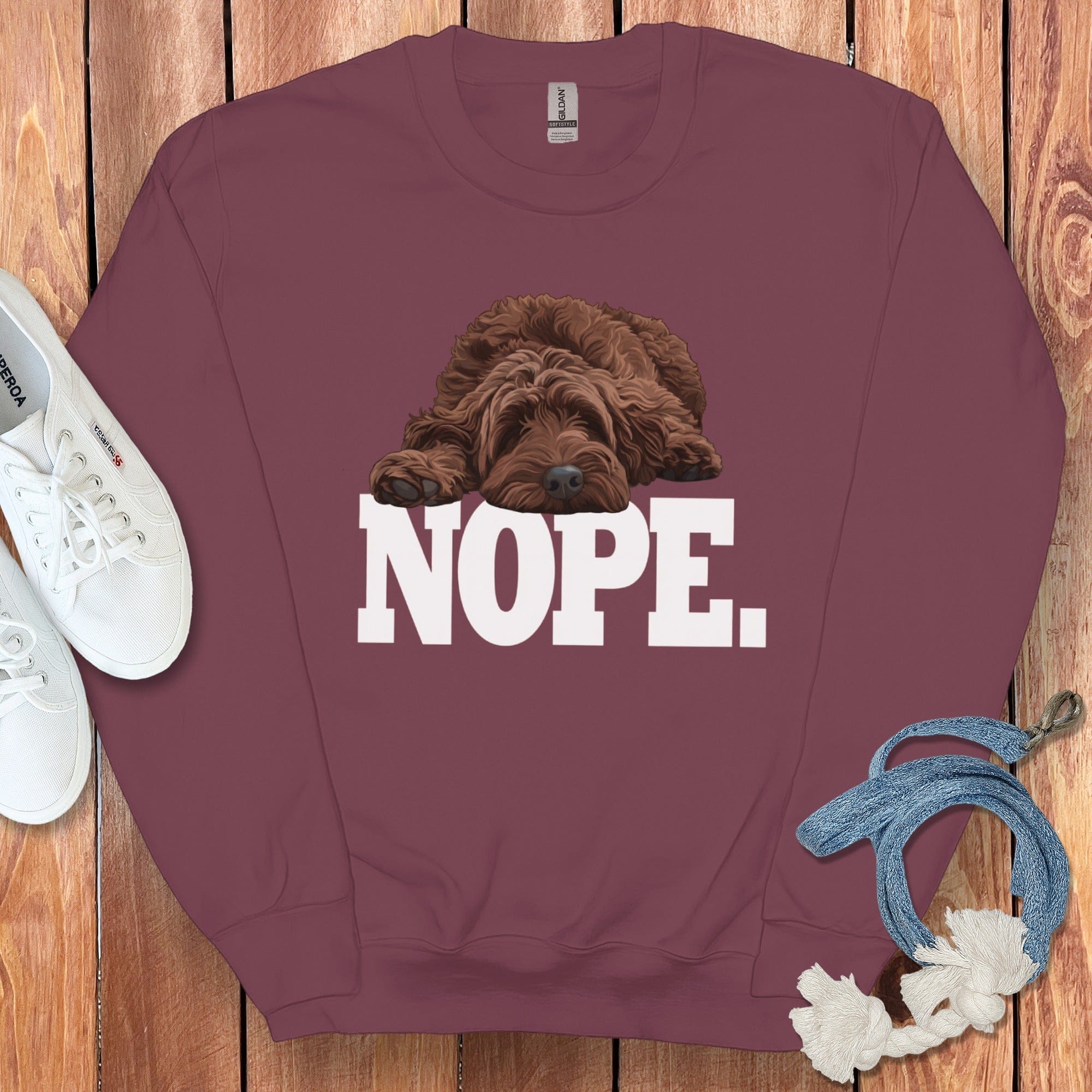 Chocolate Goldendoodle Labradoodle Nope Sweatshirt in Maroon / S by Puppy Jo