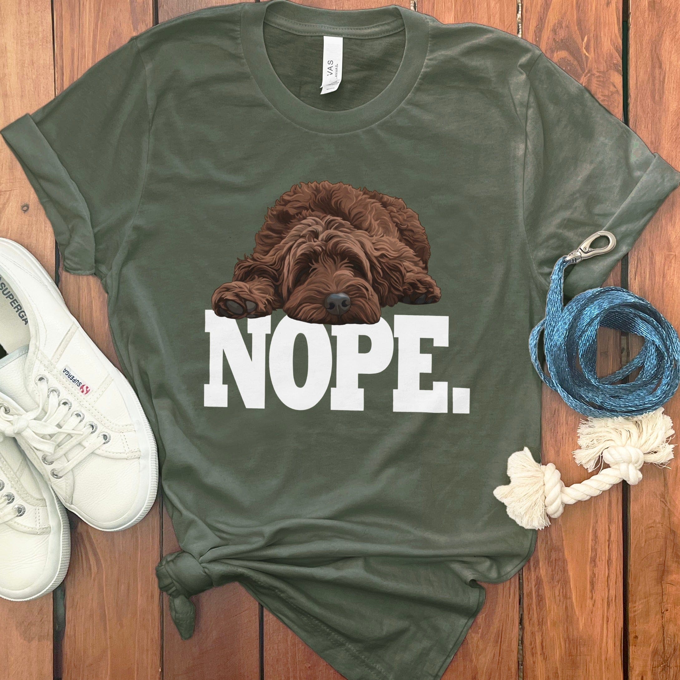 Chocolate Goldendoodle Labradoodle Nope T-Shirt in Military Green / S by Puppy Jo