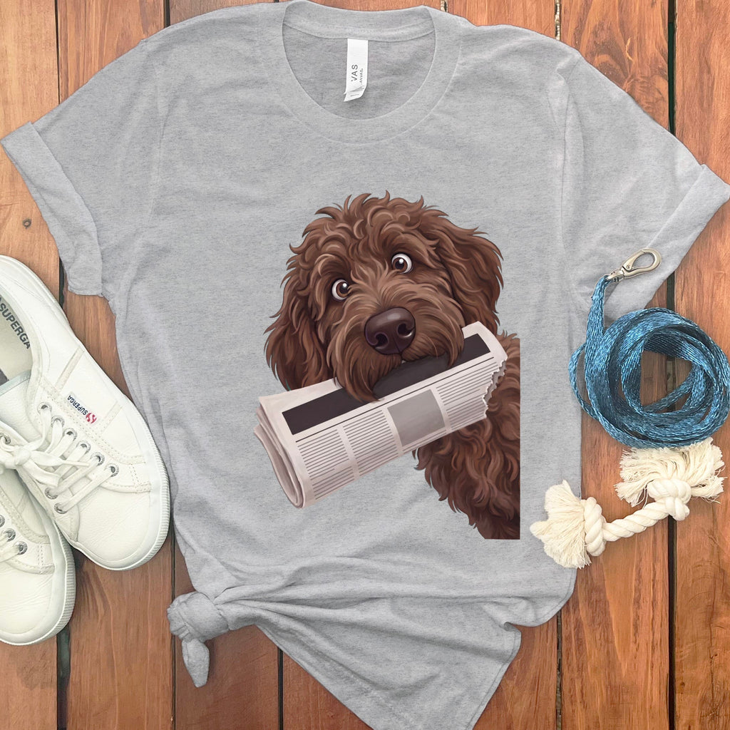 Chocolate Goldendoodle Newspaper T-Shirt in Athletic Heather / S by Puppy Jo