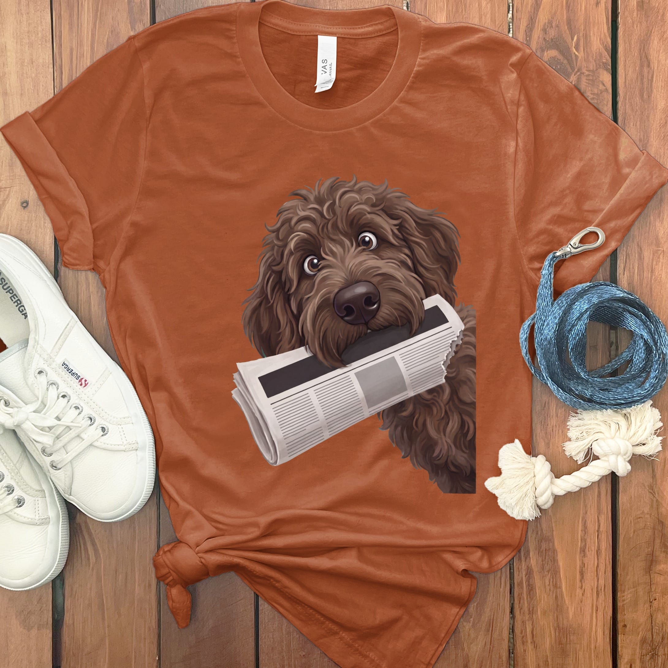 Chocolate Goldendoodle Newspaper T-Shirt in Autumn / S by Puppy Jo