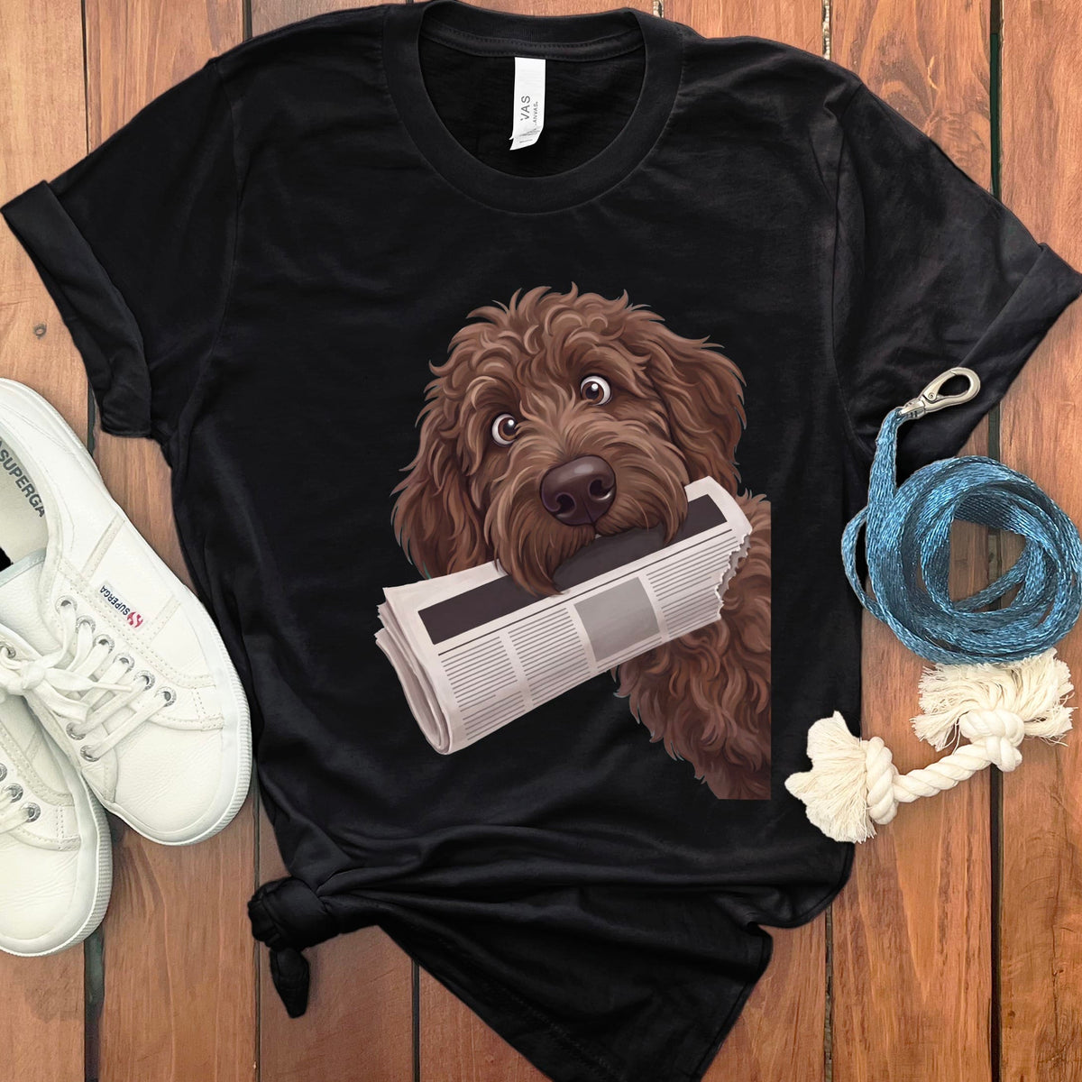 Chocolate Goldendoodle Newspaper T-Shirt in Black / S by Puppy Jo