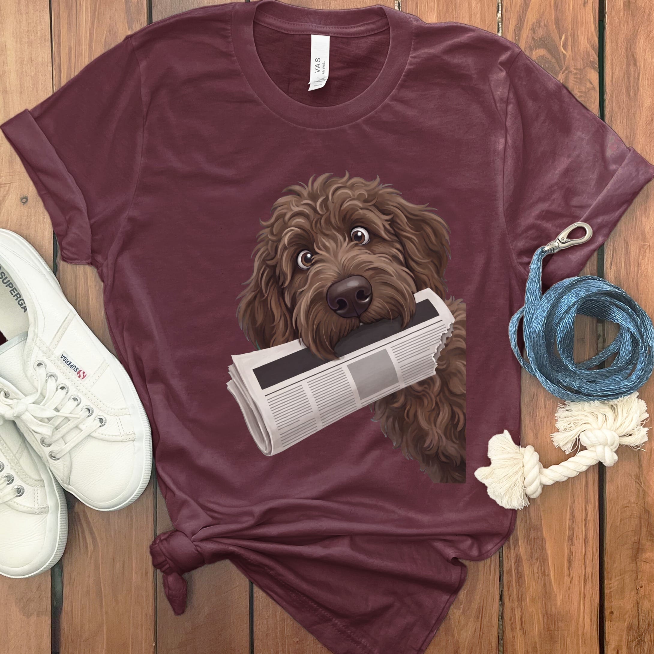 Chocolate Goldendoodle Newspaper T-Shirt in Maroon / S by Puppy Jo