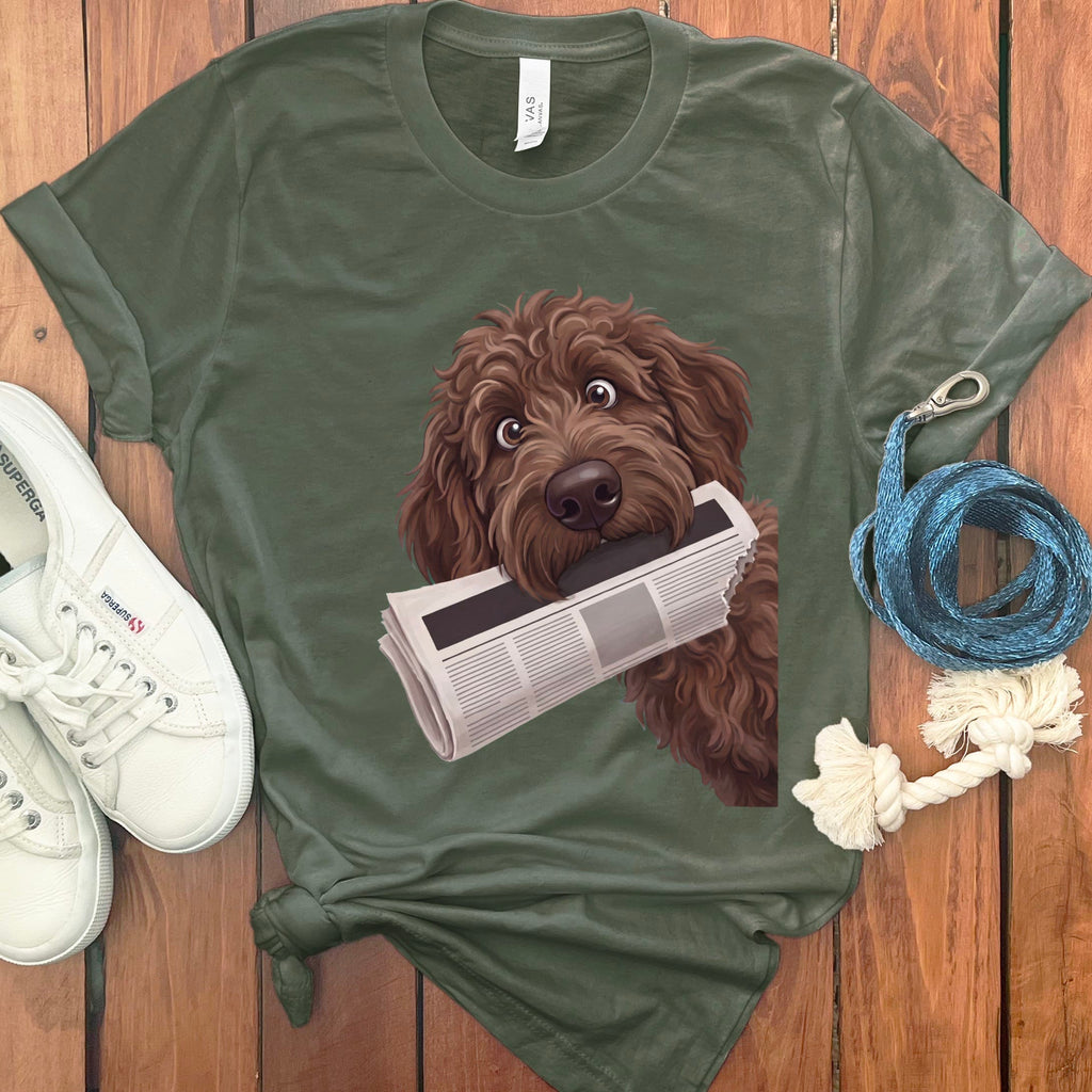 Chocolate Goldendoodle Newspaper T-Shirt in Military Green / S by Puppy Jo