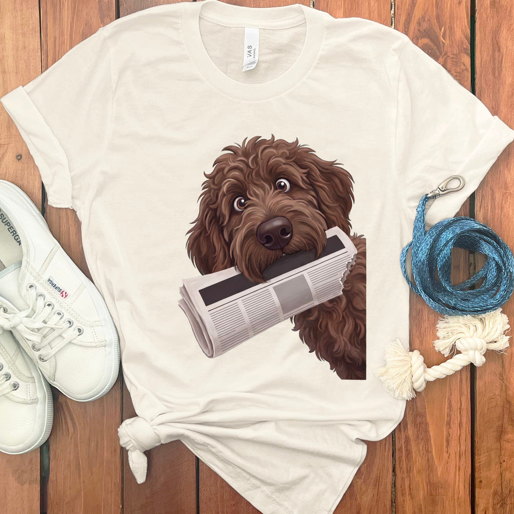 Chocolate Goldendoodle Newspaper T-Shirt in Natural / S by Puppy Jo