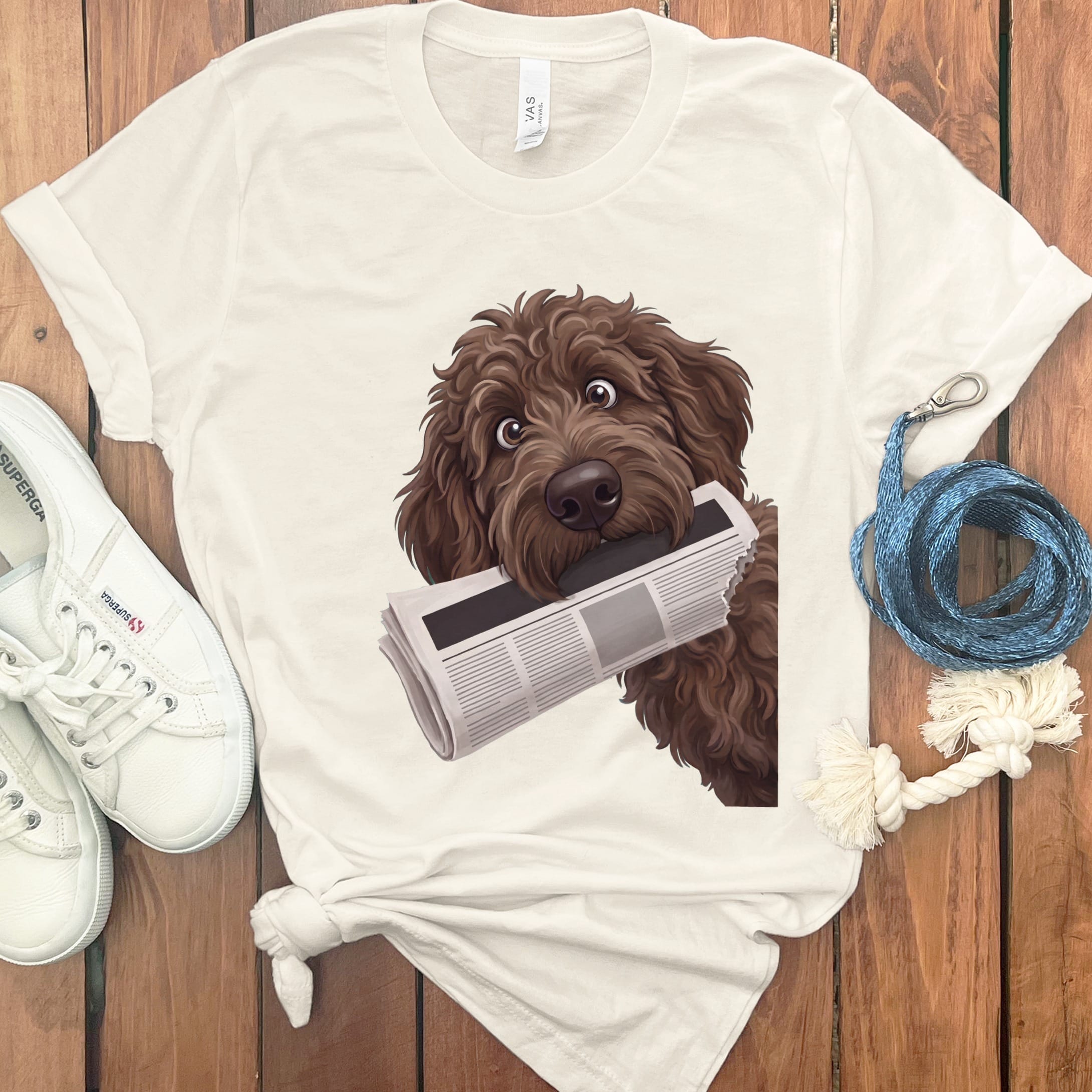 Chocolate Goldendoodle Newspaper T-Shirt in Natural / S by Puppy Jo