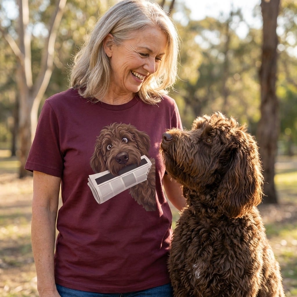 Chocolate Goldendoodle Newspaper T-Shirt in by Puppy Jo