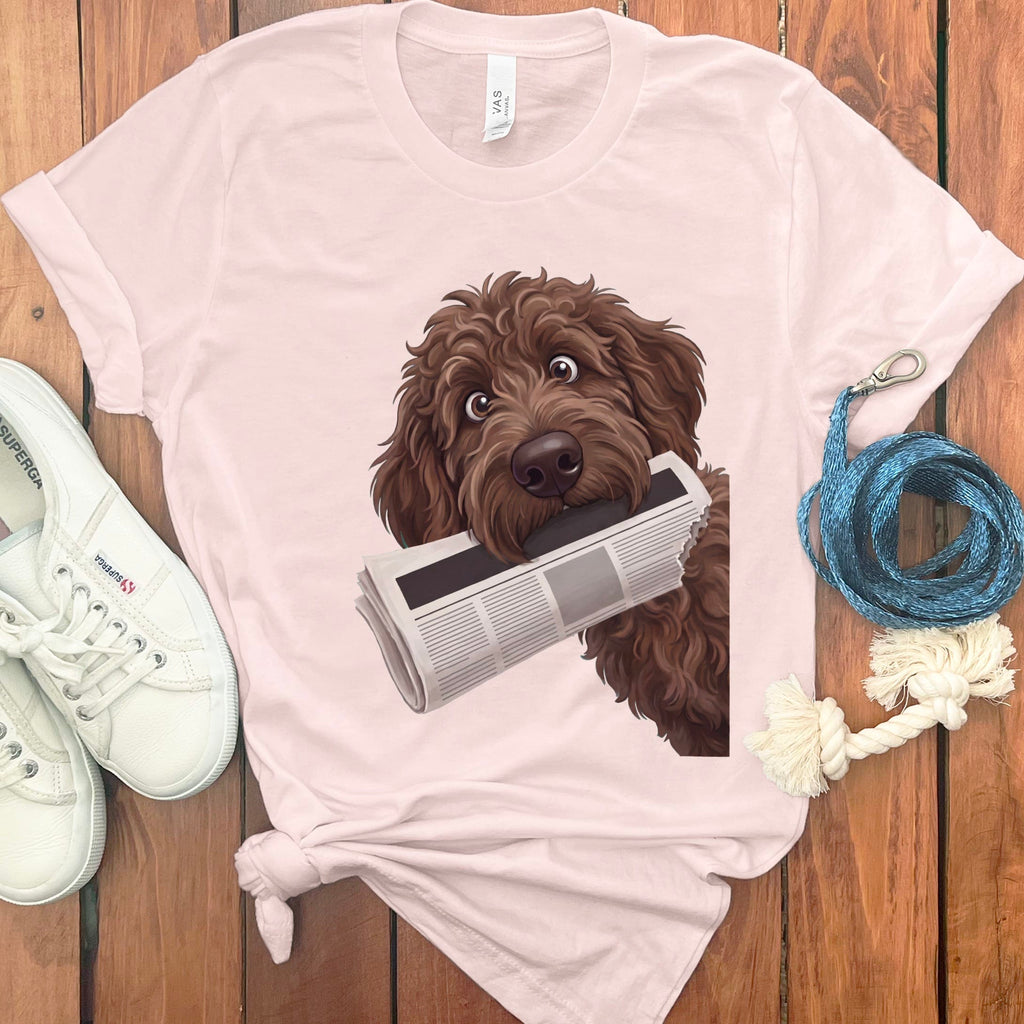 Chocolate Goldendoodle Newspaper T-Shirt in Soft Pink / S by Puppy Jo