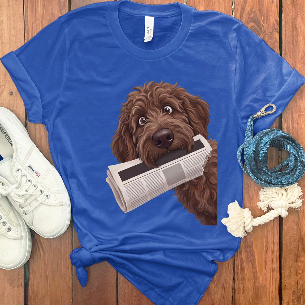Chocolate Goldendoodle Newspaper T-Shirt in True Royal / S by Puppy Jo