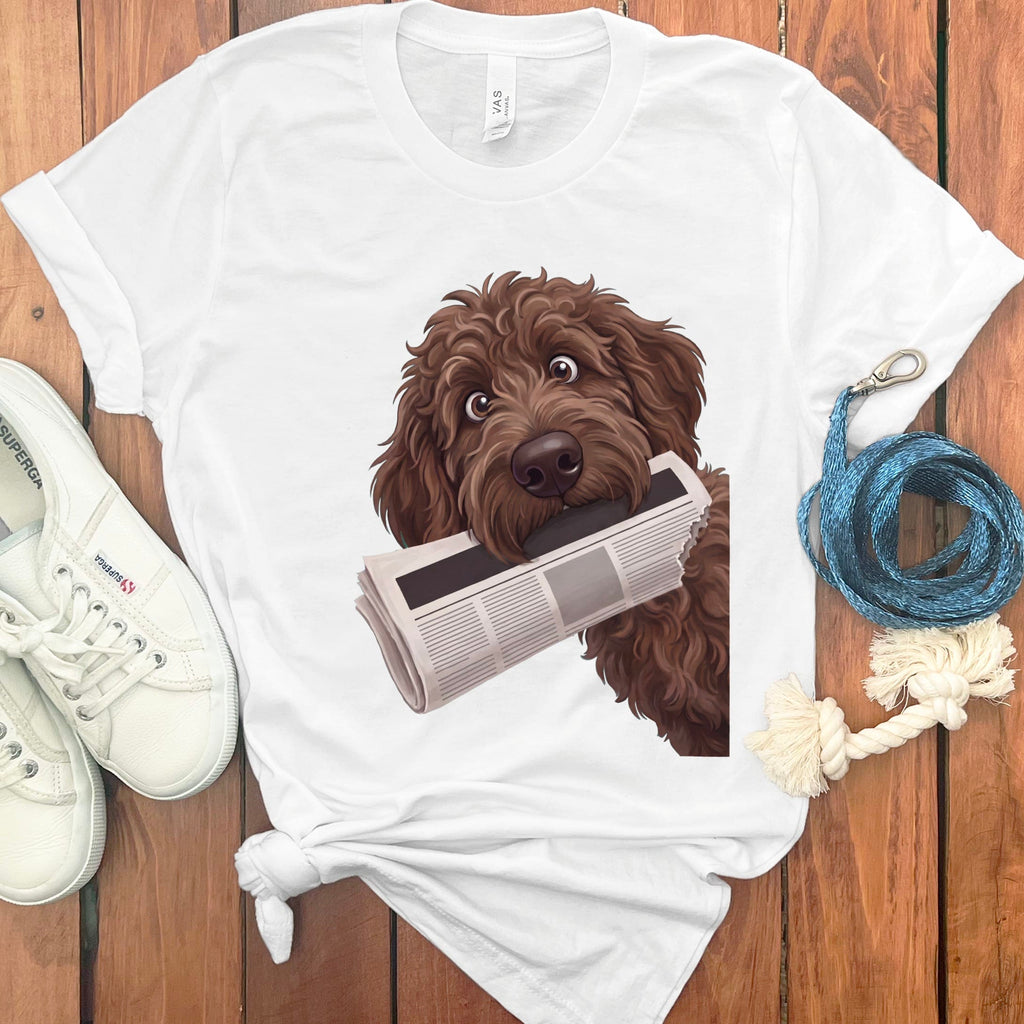 Chocolate Goldendoodle Newspaper T-Shirt in White / S by Puppy Jo