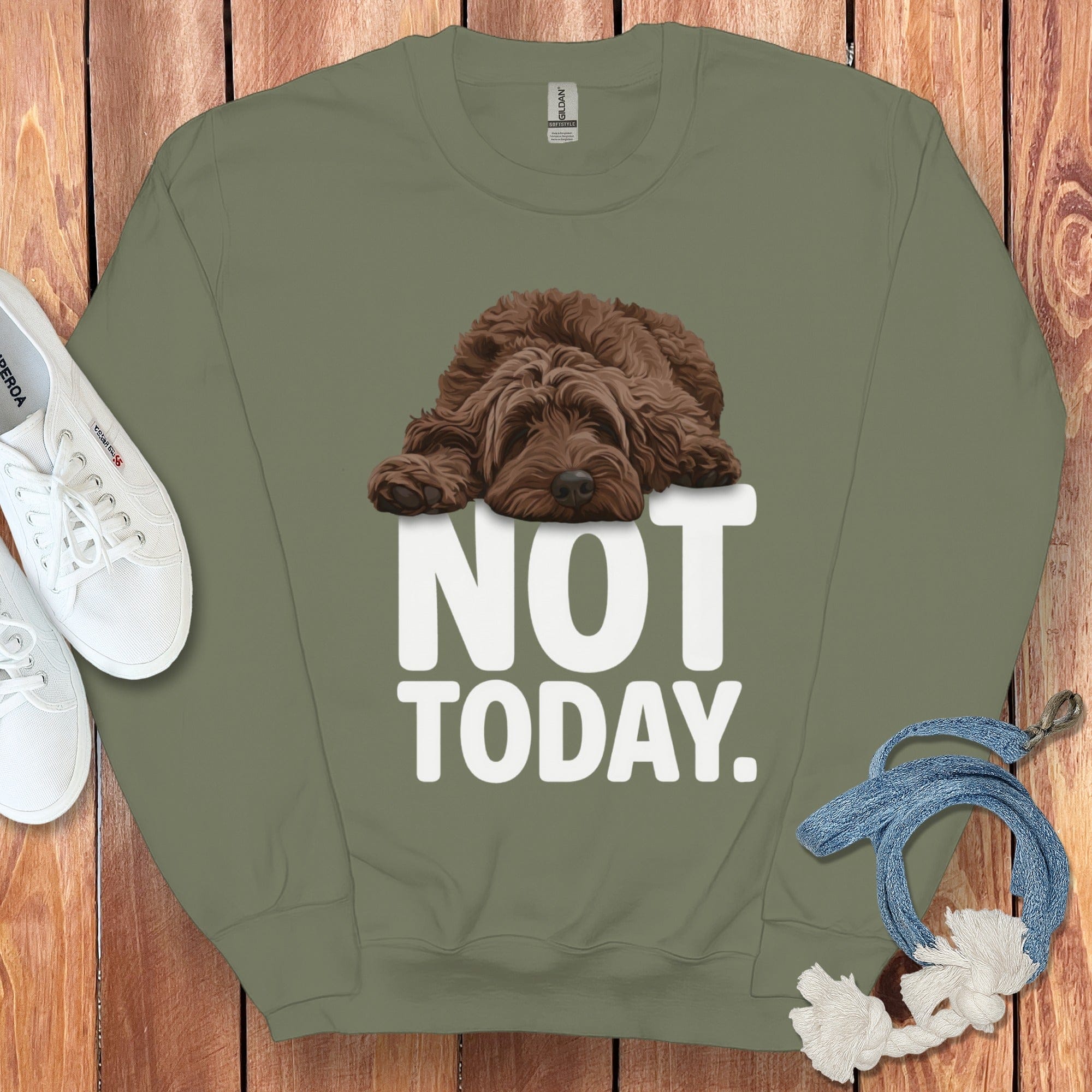 Chocolate Goldendoodle Not Today Sweatshirt in Military Green / S by Puppy Jo