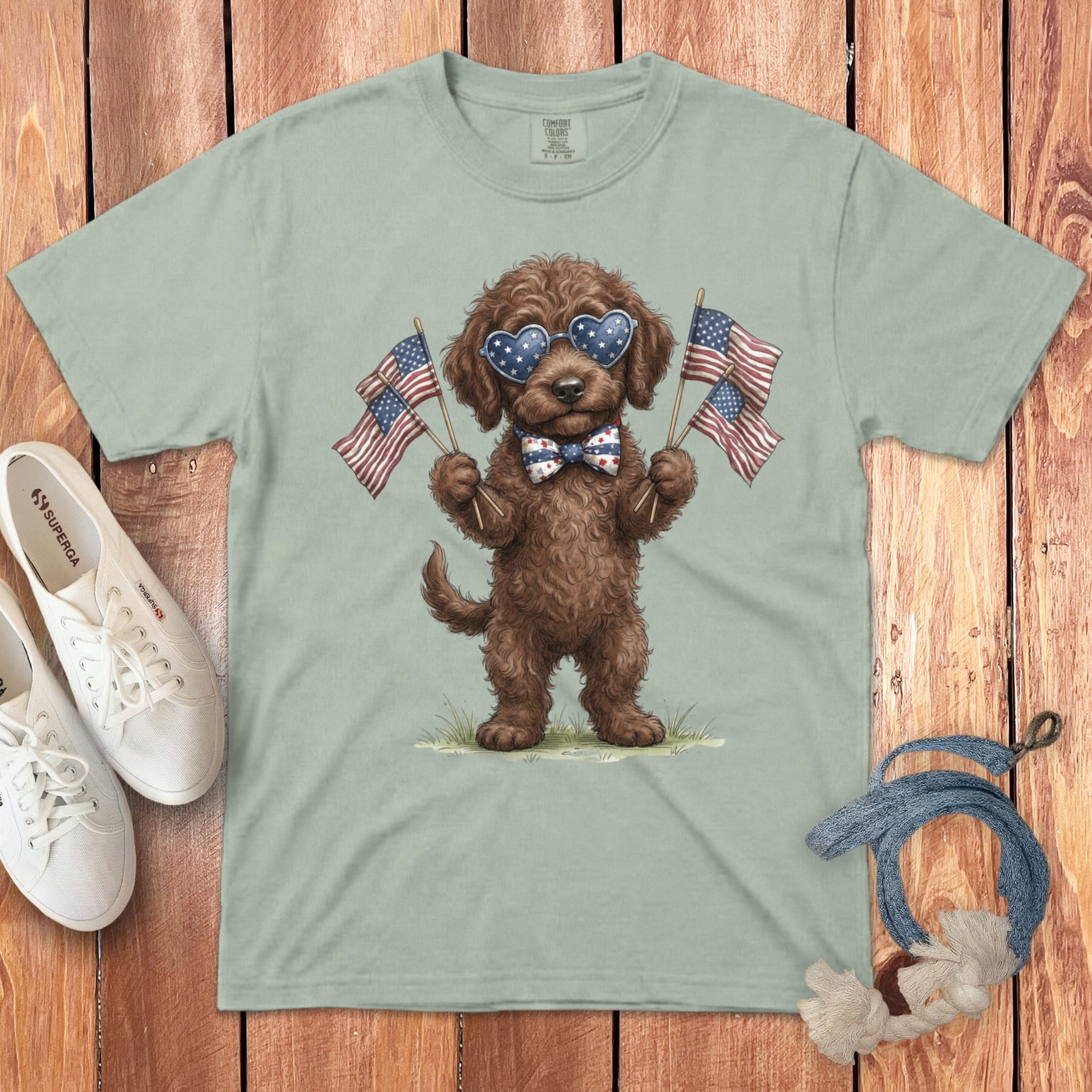 Chocolate Goldendoodle Patriotic Celebration Signature T-Shirt in Bay / S by Puppy Jo
