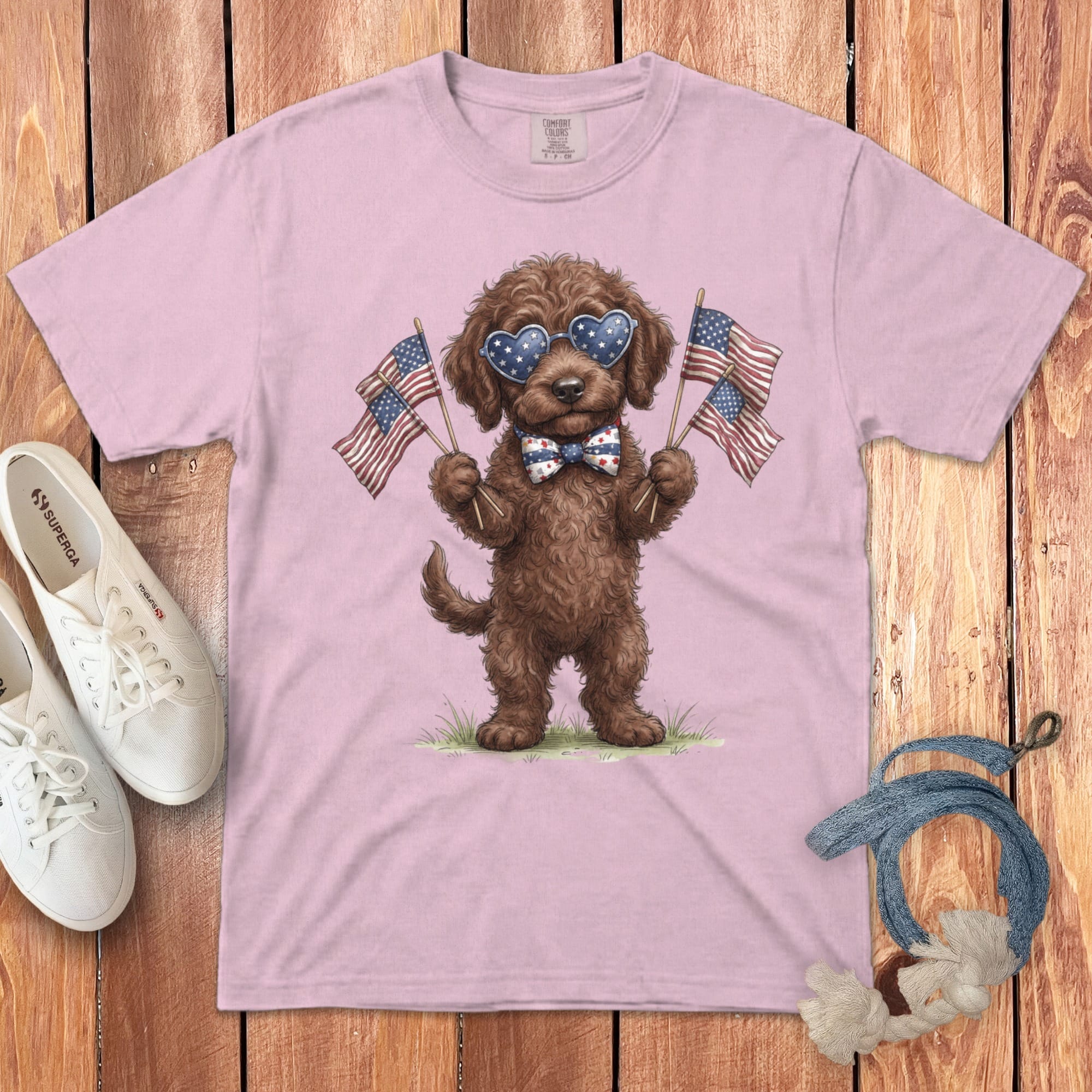 Chocolate Goldendoodle Patriotic Celebration Signature T-Shirt in Blossom / S by Puppy Jo