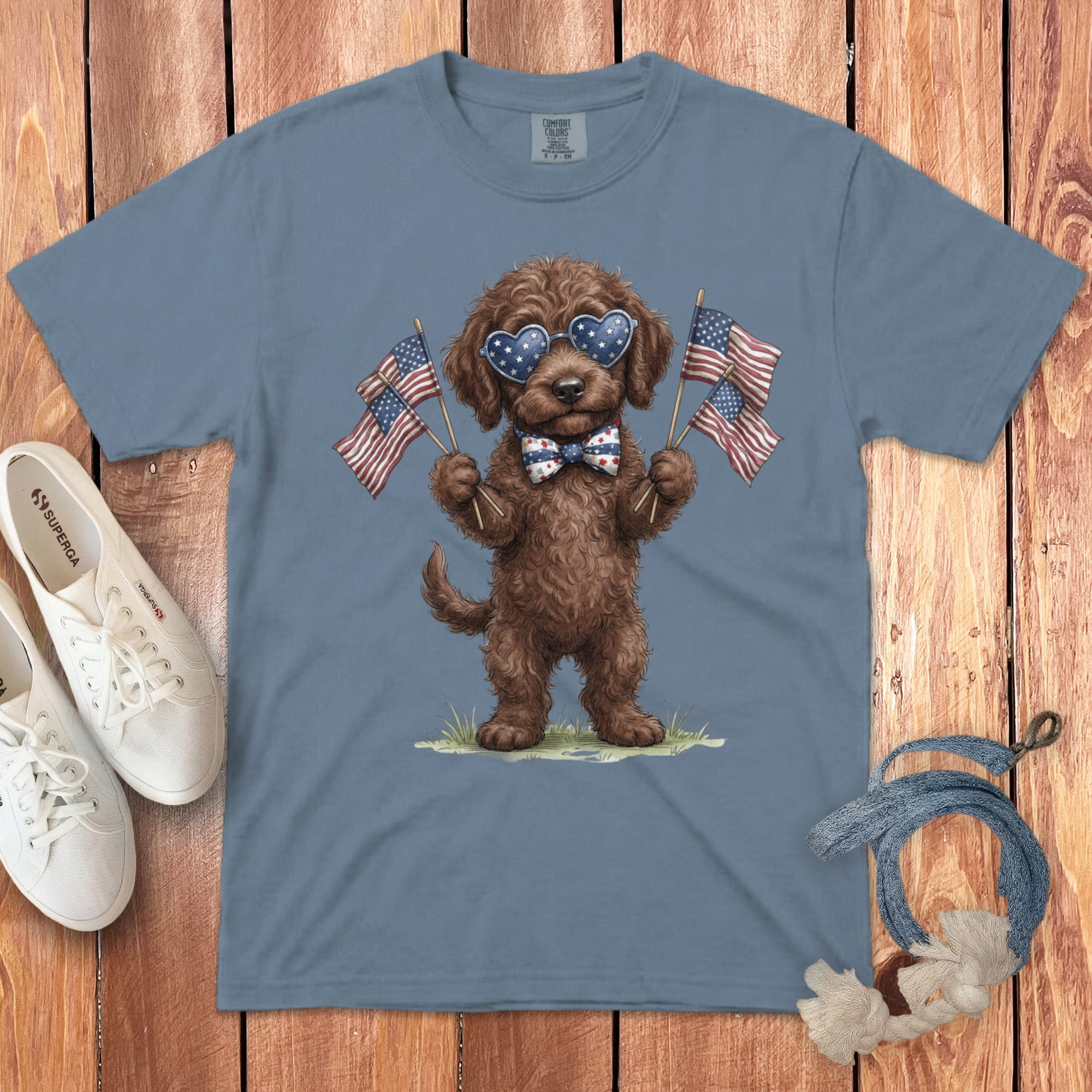 Chocolate Goldendoodle Patriotic Celebration Signature T-Shirt in Blue Jean / S by Puppy Jo