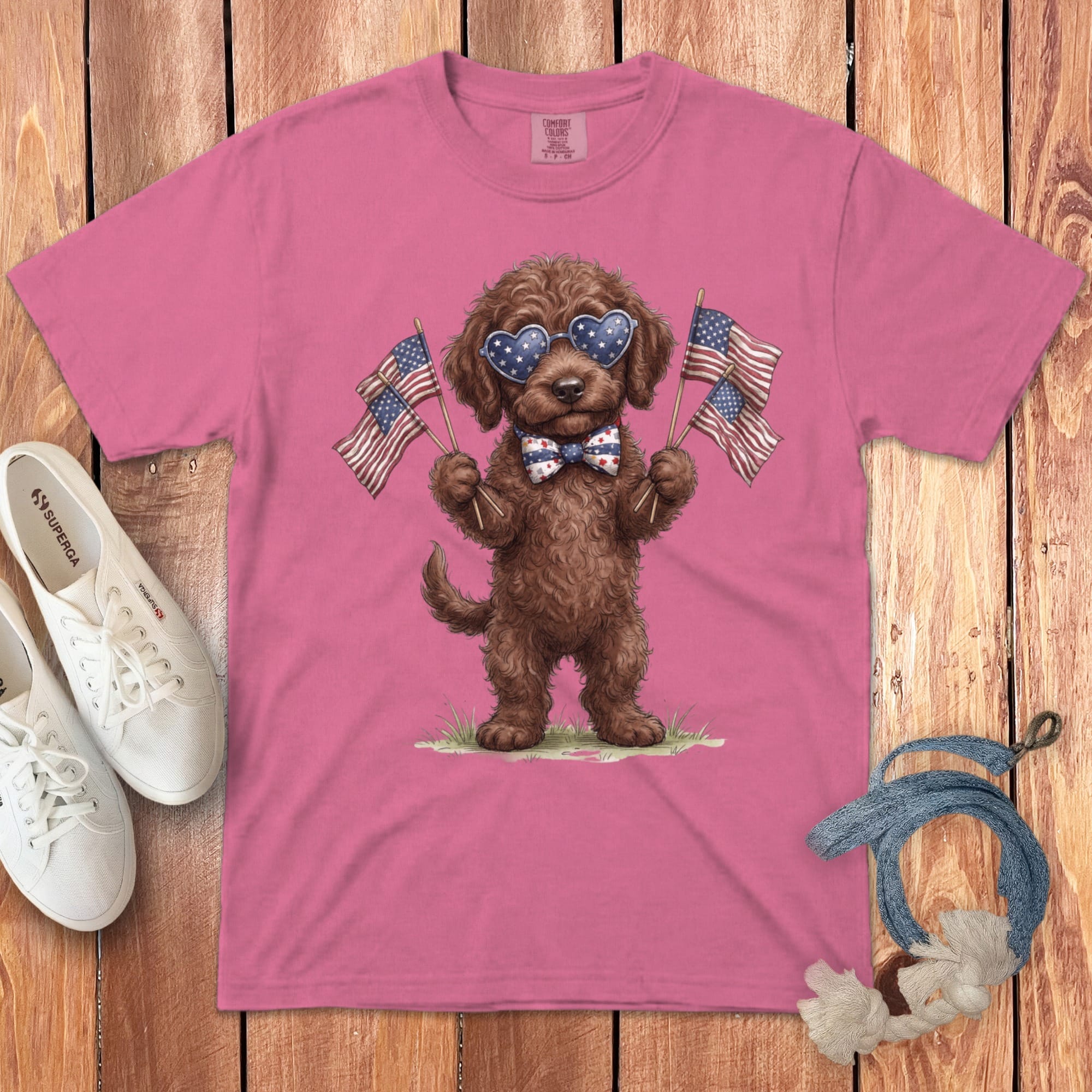 Chocolate Goldendoodle Patriotic Celebration Signature T-Shirt in Crunchberry / S by Puppy Jo