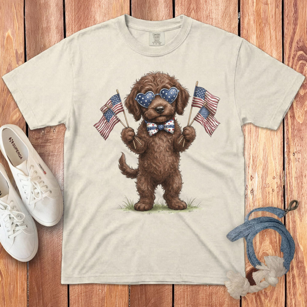 Chocolate Goldendoodle Patriotic Celebration Signature T-Shirt in Ivory / S by Puppy Jo