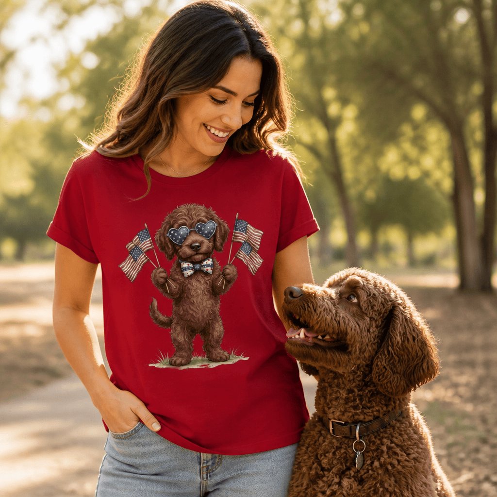 Chocolate Goldendoodle Patriotic Celebration Signature T-Shirt in by Puppy Jo
