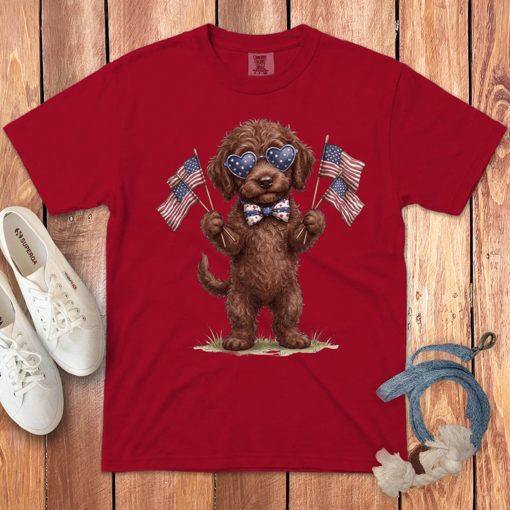 Chocolate Goldendoodle Patriotic Celebration Signature T-Shirt in Red / S by Puppy Jo