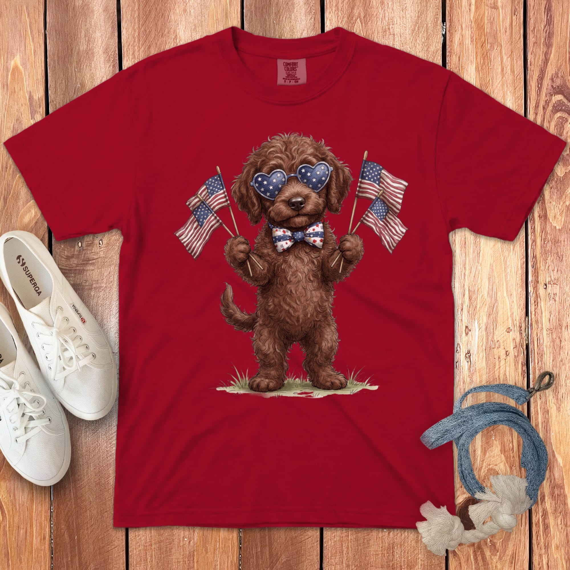 Chocolate Goldendoodle Patriotic Celebration Signature T-Shirt in Red / S by Puppy Jo