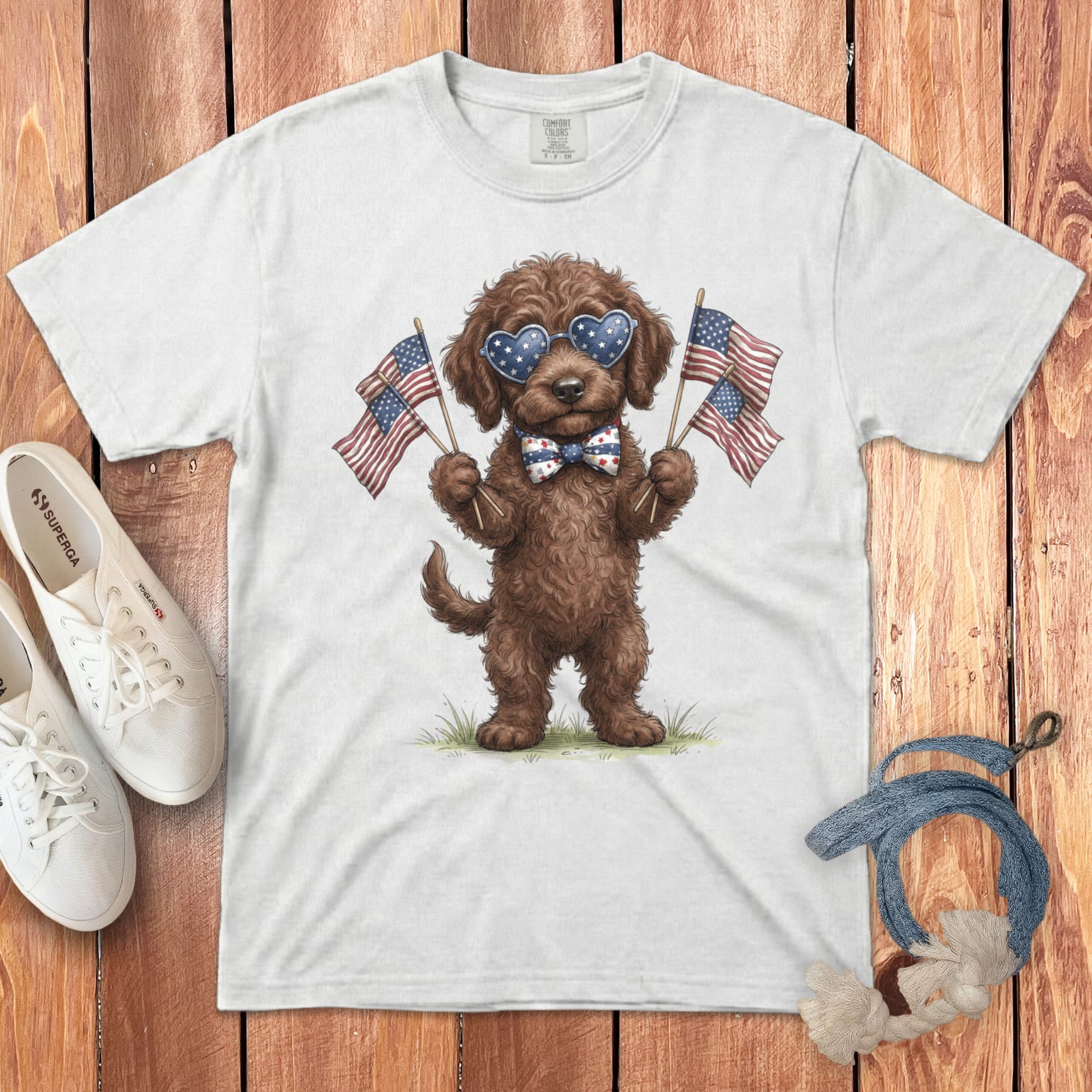 Chocolate Goldendoodle Patriotic Celebration Signature T-Shirt in White / S by Puppy Jo