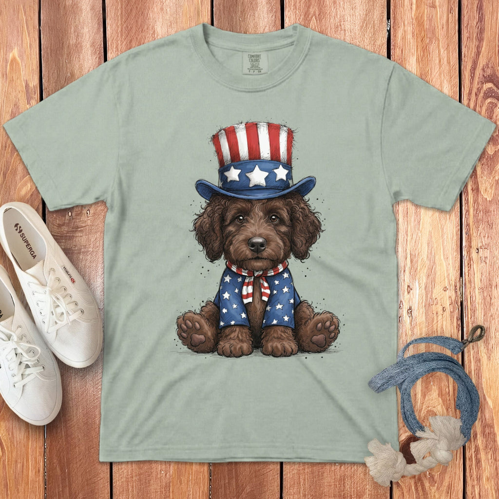 Chocolate Goldendoodle Patriotic Hat Signature T-Shirt in Bay / S by Puppy Jo