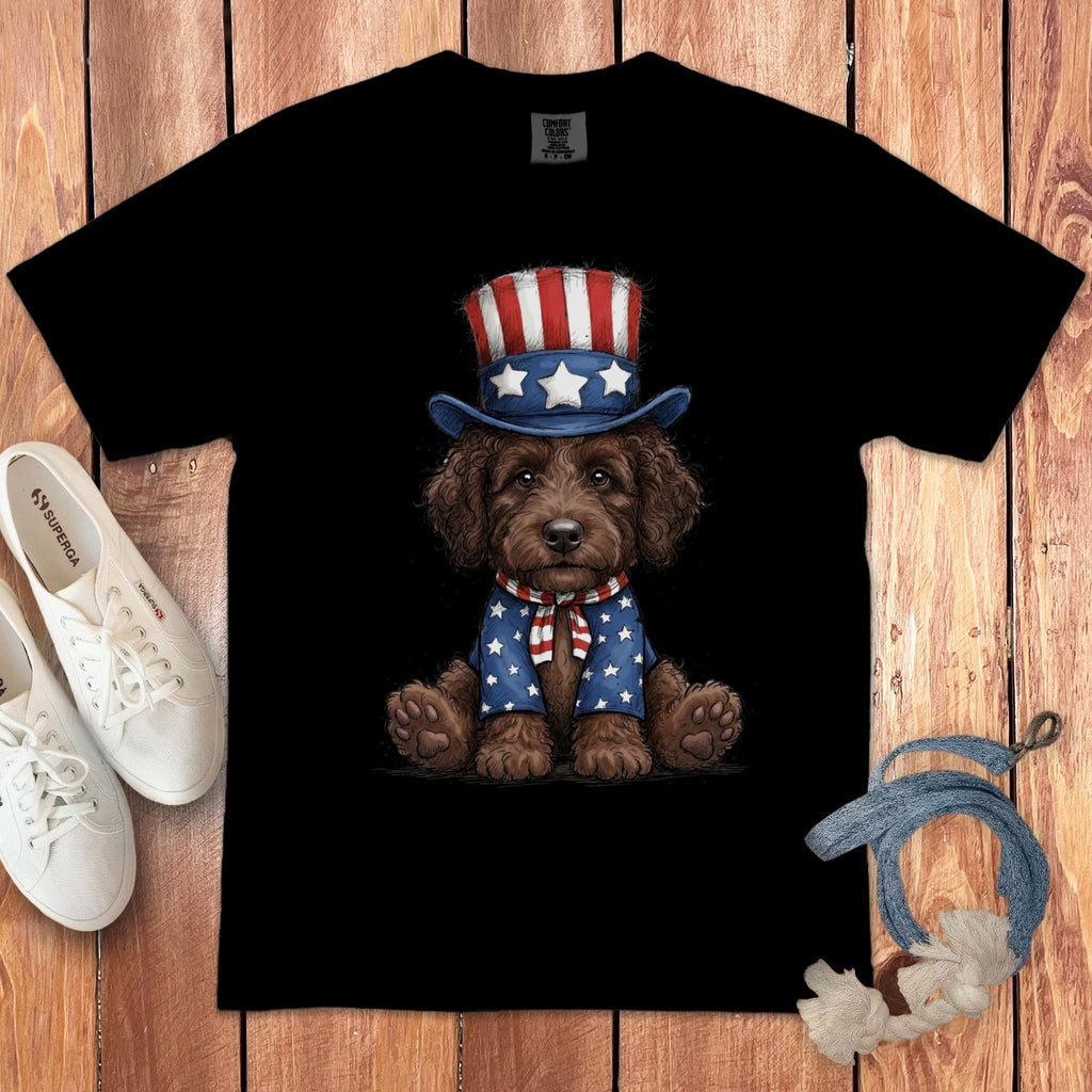Chocolate Goldendoodle Patriotic Hat Signature T-Shirt in Black / S by Puppy Jo