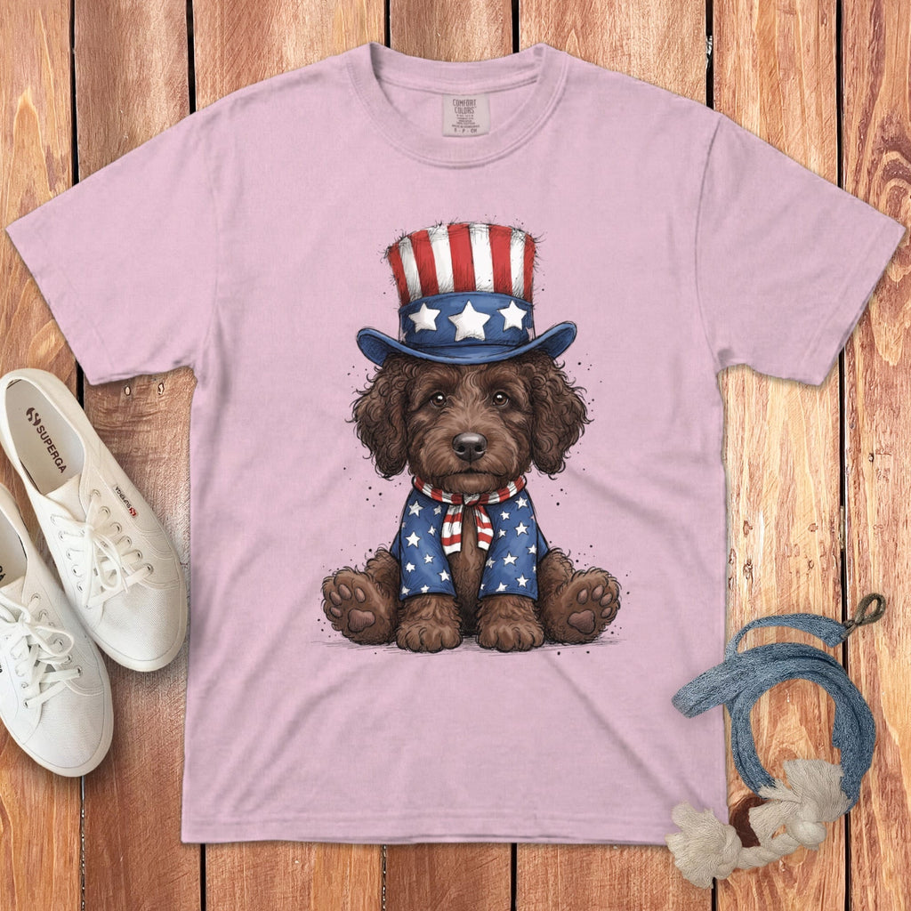Chocolate Goldendoodle Patriotic Hat Signature T-Shirt in Blossom / S by Puppy Jo