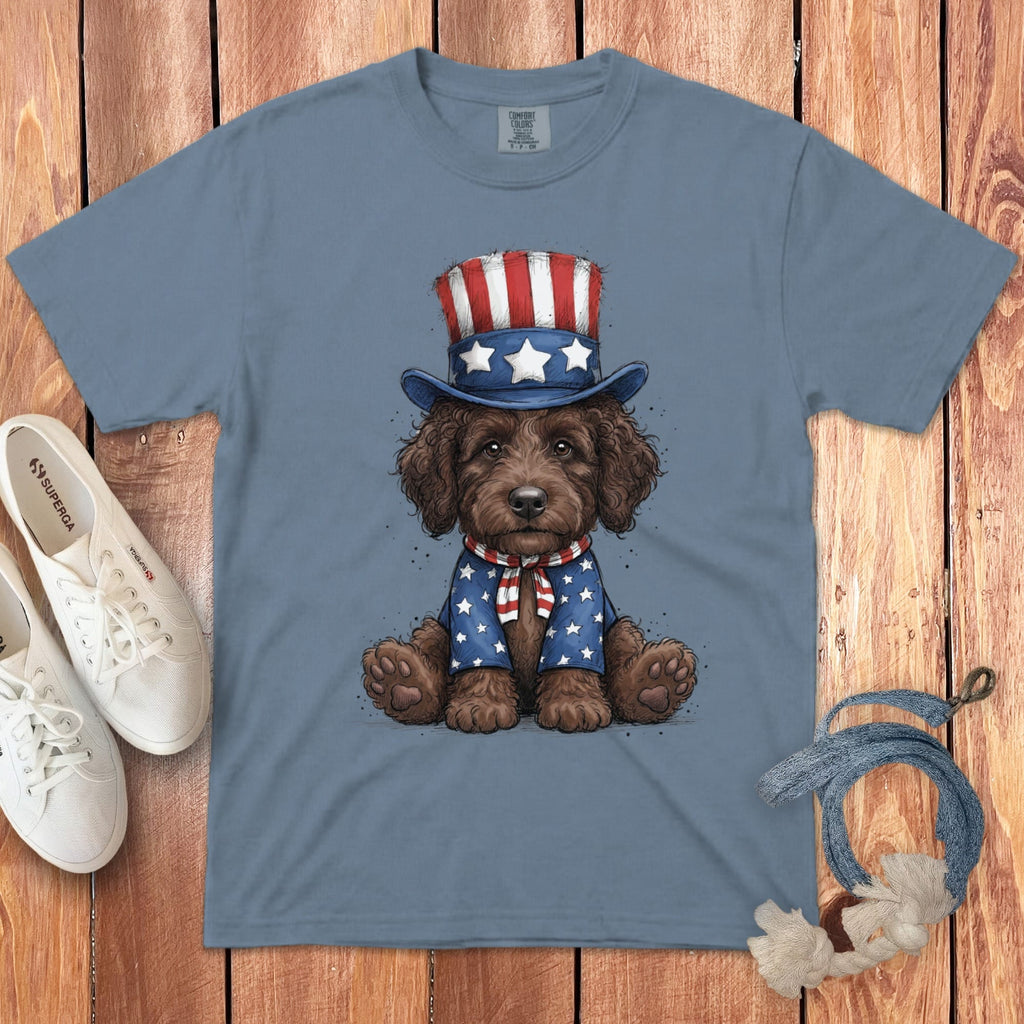 Chocolate Goldendoodle Patriotic Hat Signature T-Shirt in Blue Jean / S by Puppy Jo