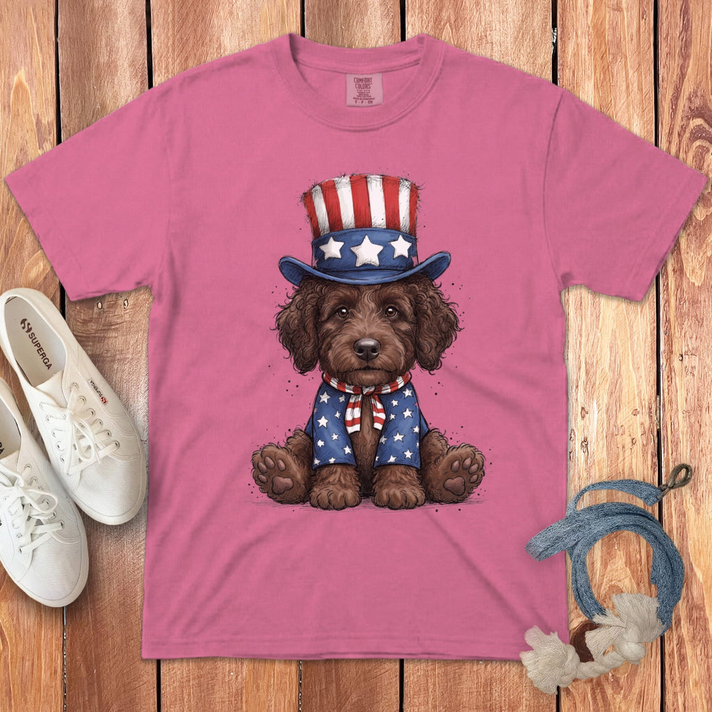 Chocolate Goldendoodle Patriotic Hat Signature T-Shirt in Crunchberry / S by Puppy Jo