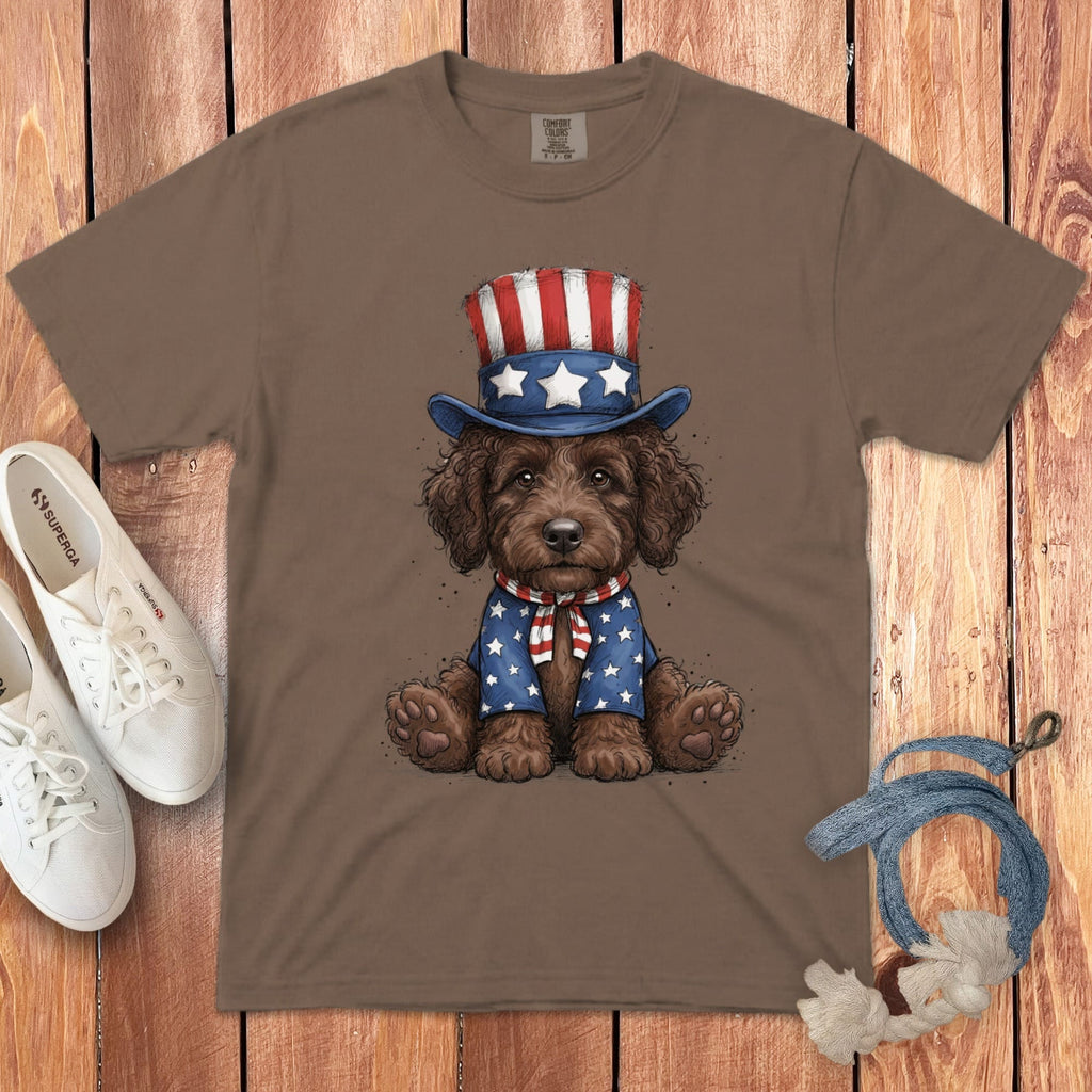 Chocolate Goldendoodle Patriotic Hat Signature T-Shirt in Espresso / S by Puppy Jo