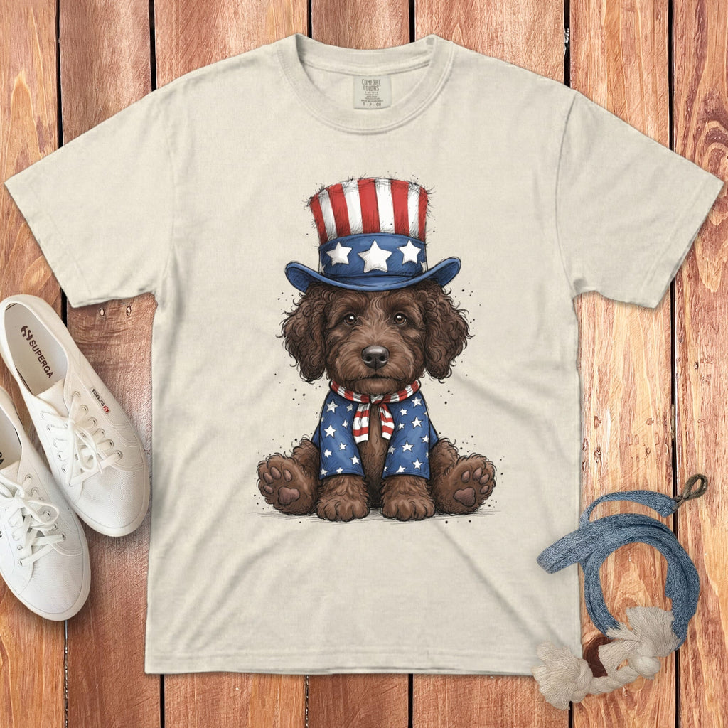 Chocolate Goldendoodle Patriotic Hat Signature T-Shirt in Ivory / S by Puppy Jo