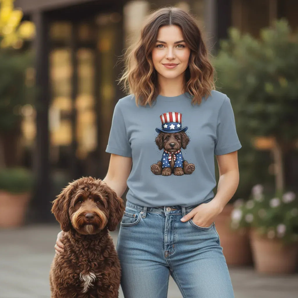Chocolate Goldendoodle Patriotic Hat Signature T-Shirt in by Puppy Jo