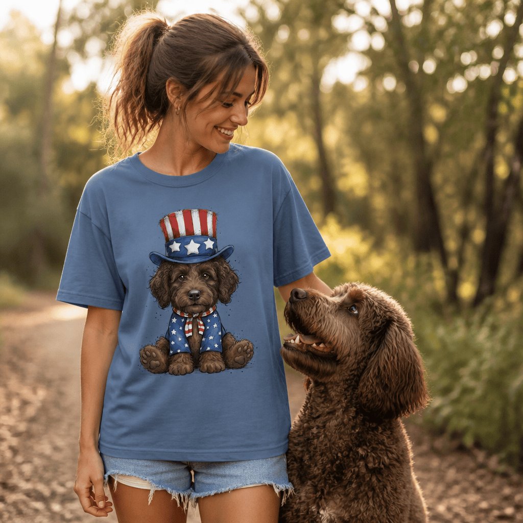 Chocolate Goldendoodle Patriotic Hat Signature T-Shirt in by Puppy Jo