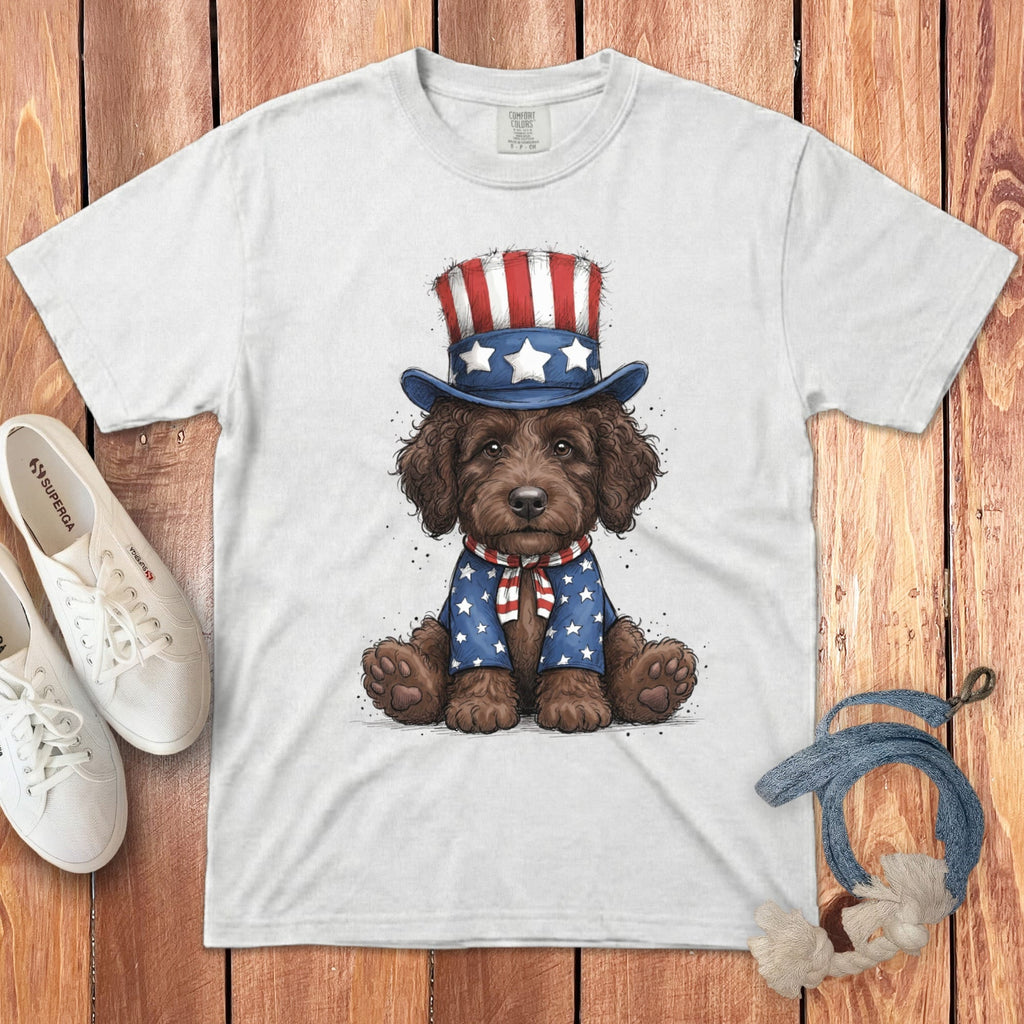 Chocolate Goldendoodle Patriotic Hat Signature T-Shirt in White / S by Puppy Jo