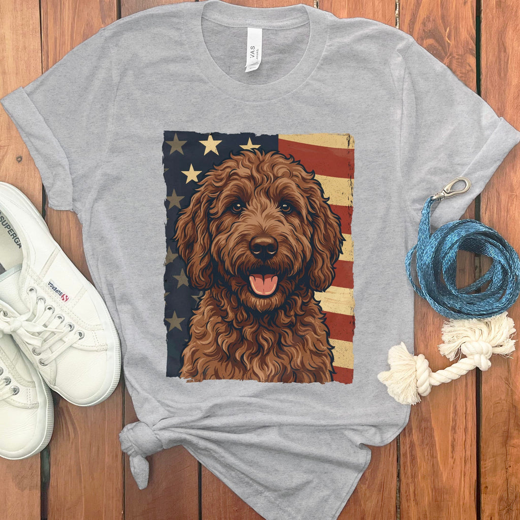 Chocolate Goldendoodle Patriotic T-Shirt in Athletic Heather / S by Puppy Jo