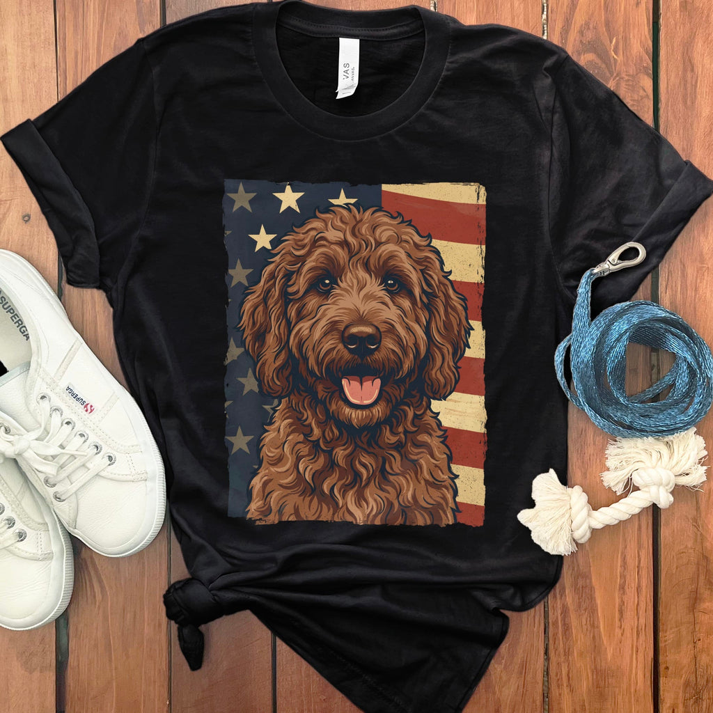 Chocolate Goldendoodle Patriotic T-Shirt in Black / S by Puppy Jo
