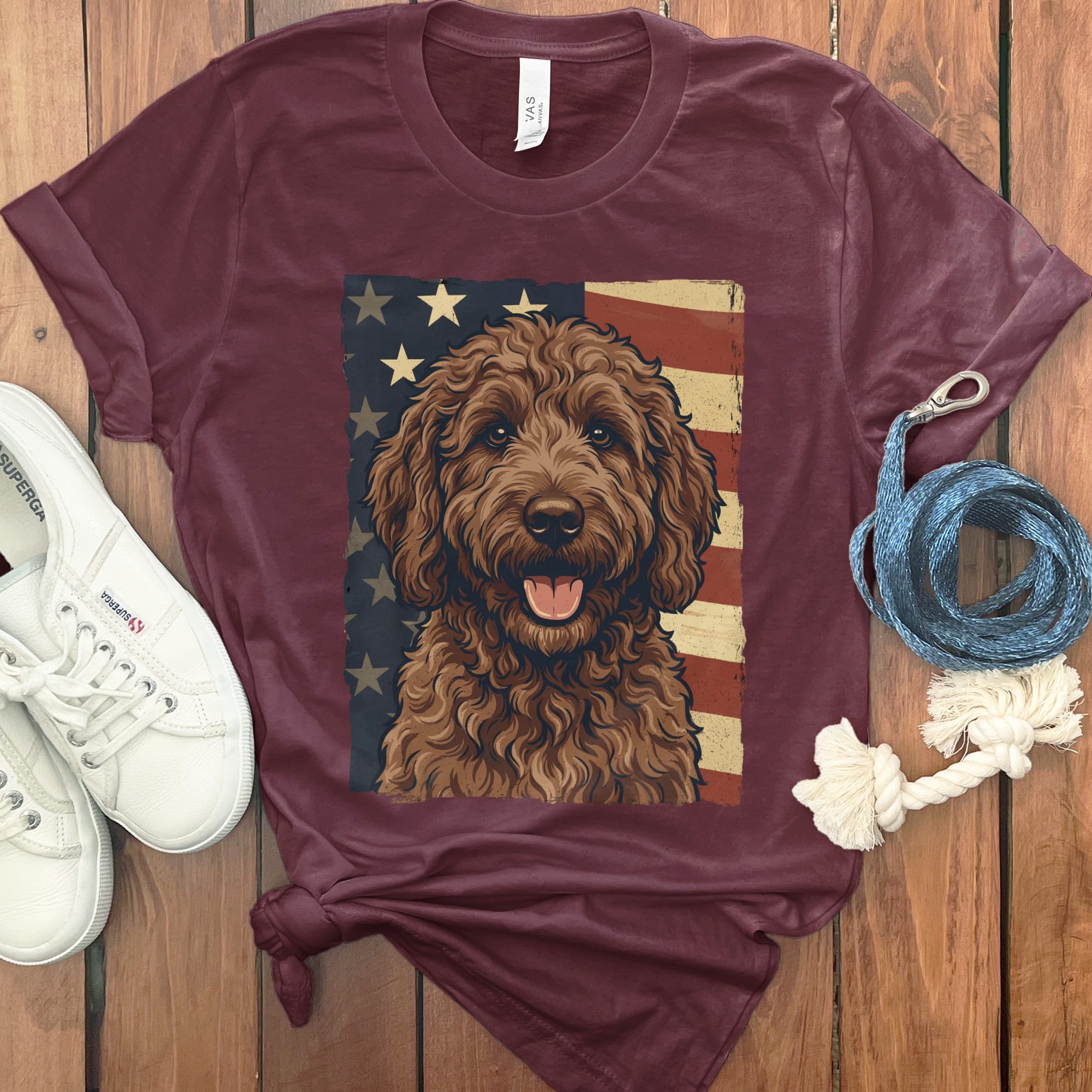 Chocolate Goldendoodle Patriotic T-Shirt in Maroon / S by Puppy Jo