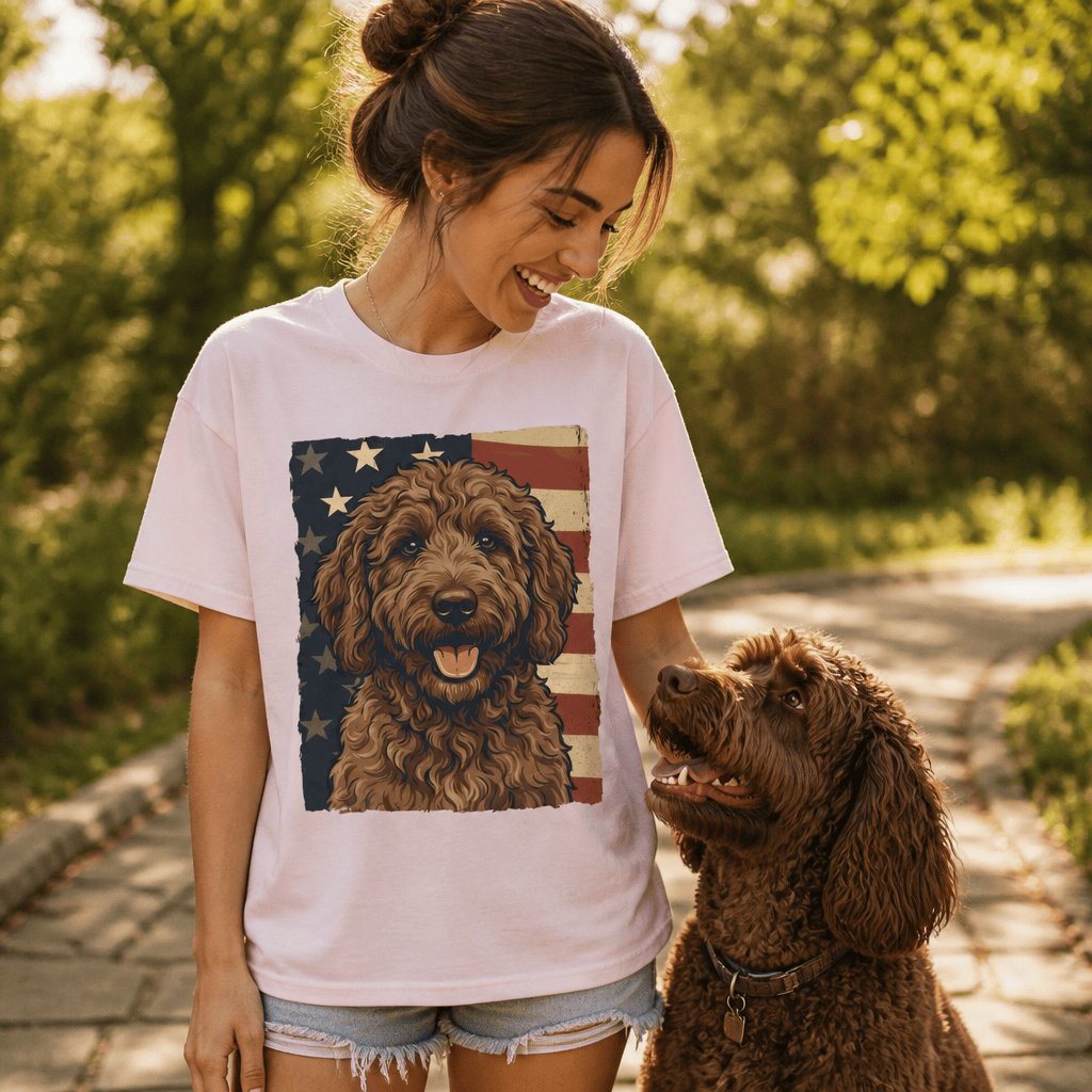 Chocolate Goldendoodle Patriotic T-Shirt in by Puppy Jo