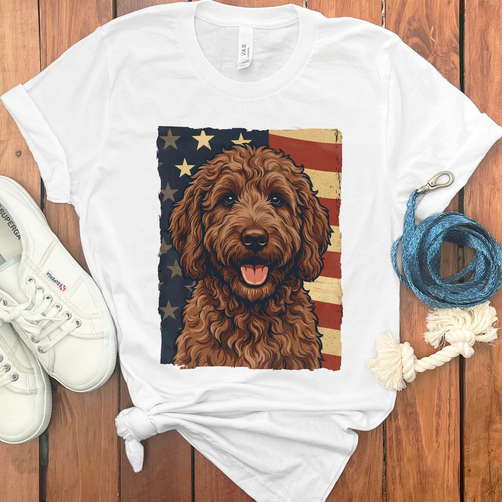 Chocolate Goldendoodle Patriotic T-Shirt in White / S by Puppy Jo