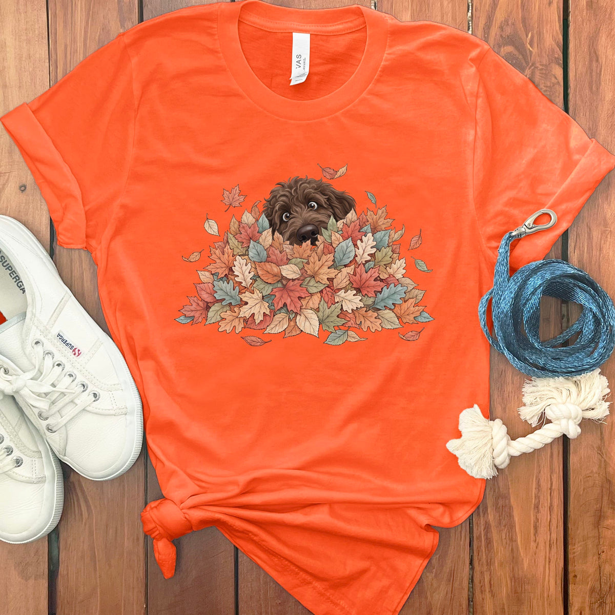 Chocolate Goldendoodle Peeking Leaf Pile T-Shirt in Orange / S by Puppy Jo