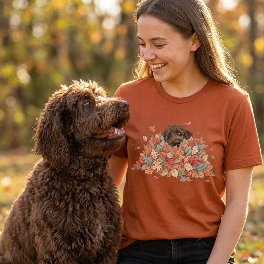 Chocolate Goldendoodle Peeking Leaf Pile T-Shirt in by Puppy Jo