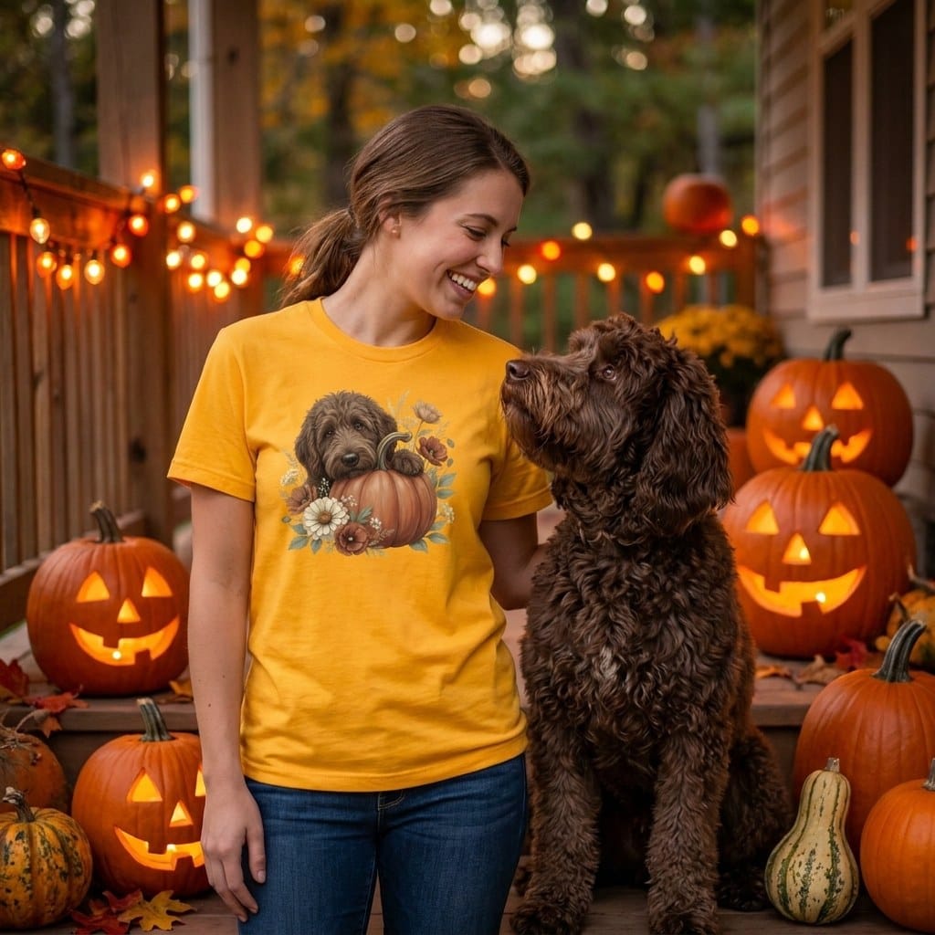Chocolate Goldendoodle Pumpkin Hug T-Shirt in by Puppy Jo