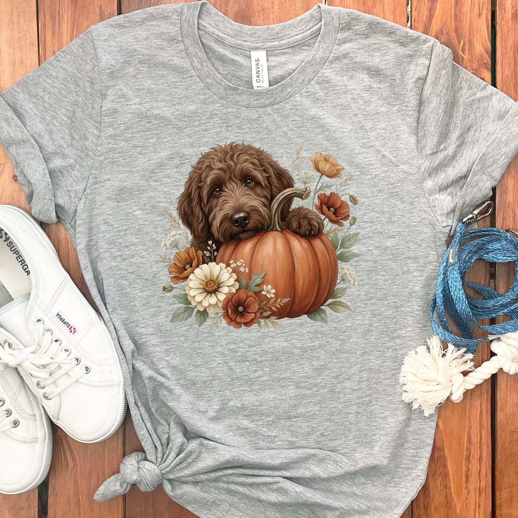 Chocolate Goldendoodle Pumpkin Hug T-Shirt in S / Athletic Heather by Puppy Jo