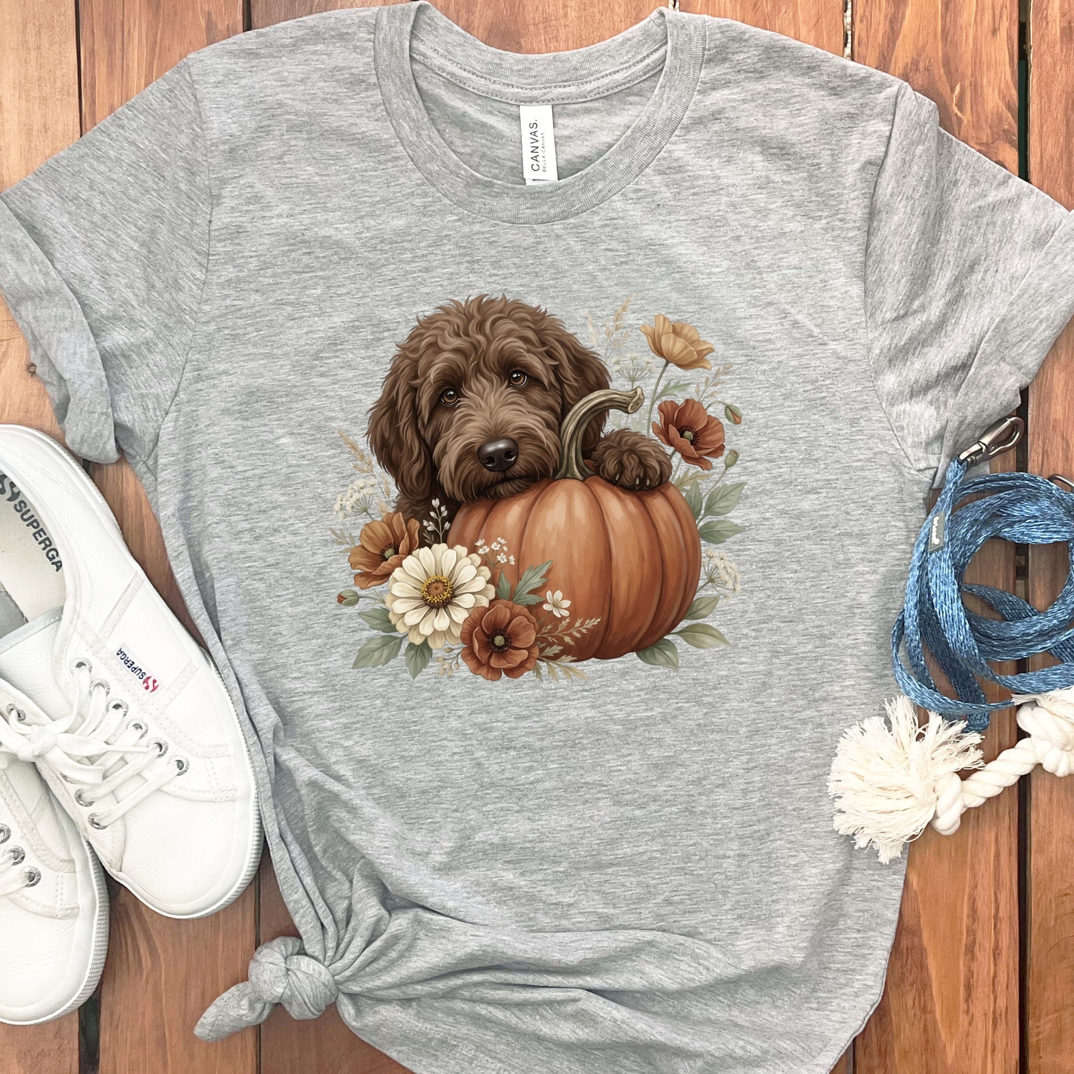 Chocolate Goldendoodle Pumpkin Hug T-Shirt in S / Athletic Heather by Puppy Jo