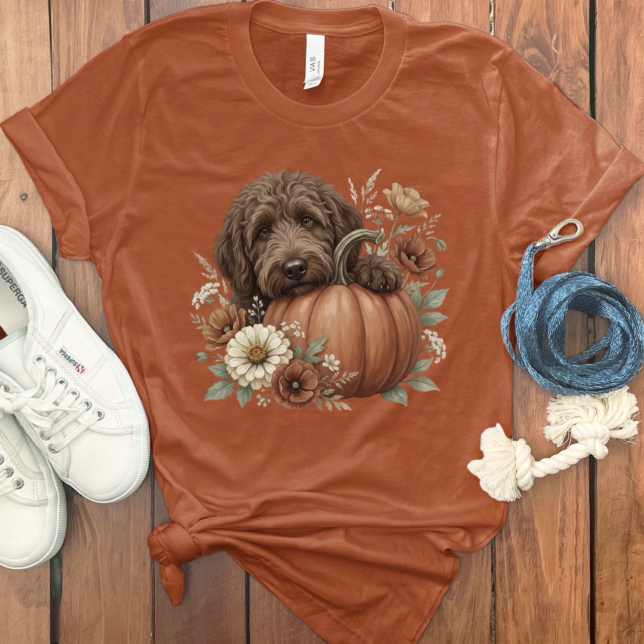 Chocolate Goldendoodle Pumpkin Hug T-Shirt in S / Autumn by Puppy Jo