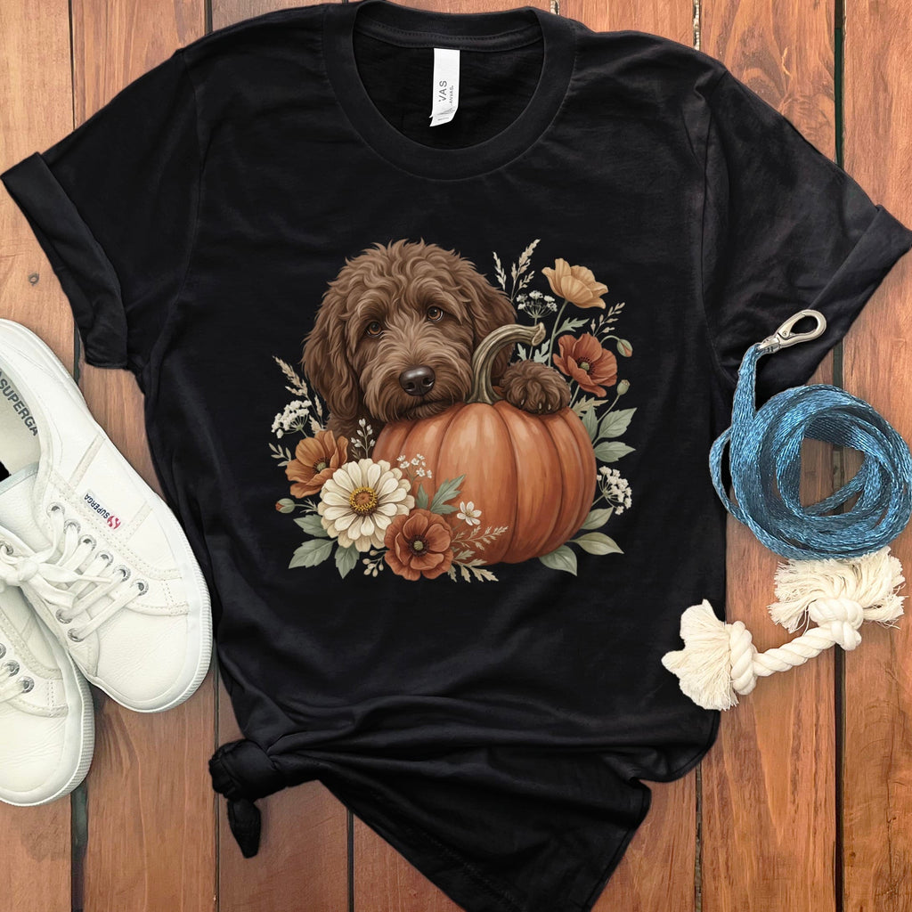 Chocolate Goldendoodle Pumpkin Hug T-Shirt in S / Black by Puppy Jo