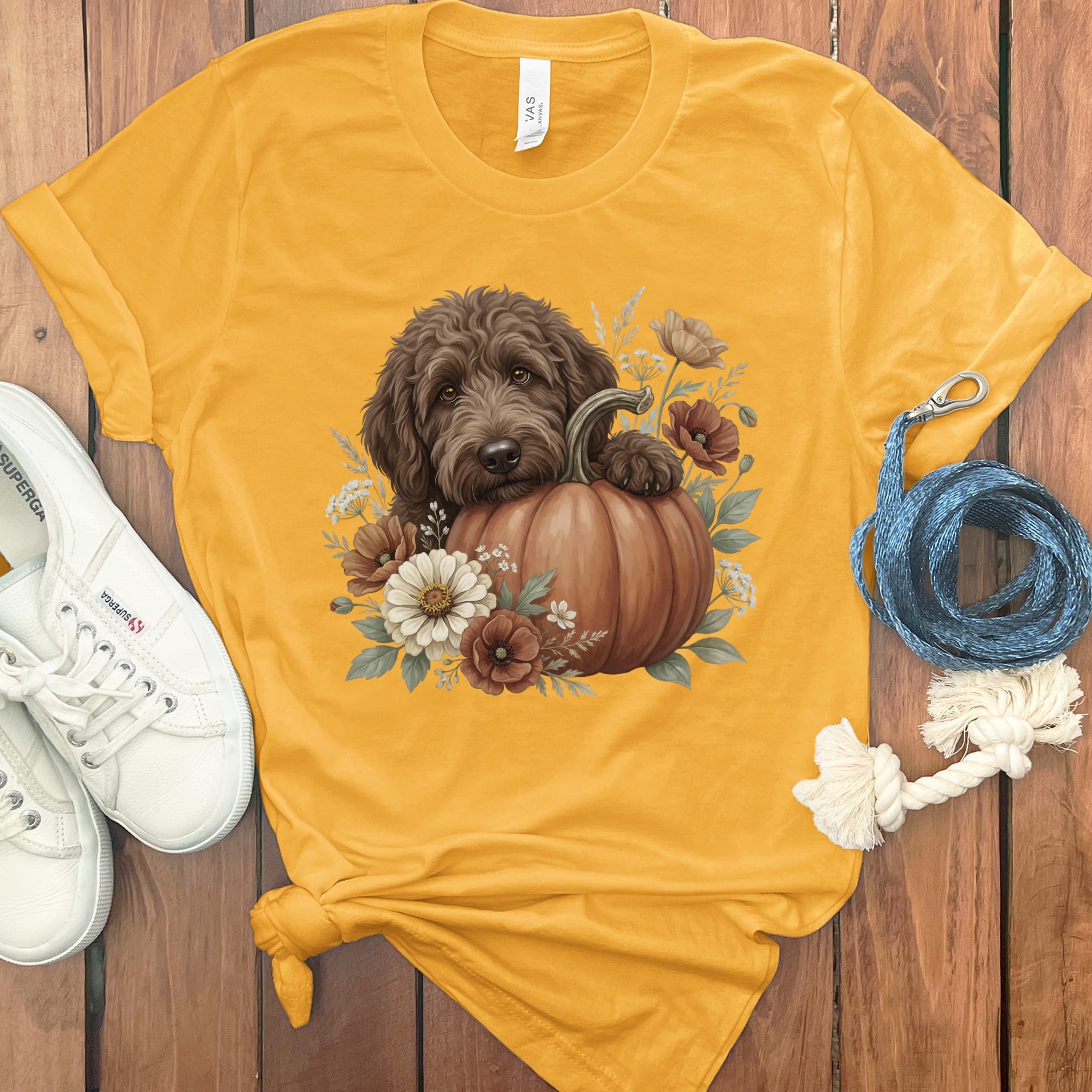 Chocolate Goldendoodle Pumpkin Hug T-Shirt in S / Gold by Puppy Jo