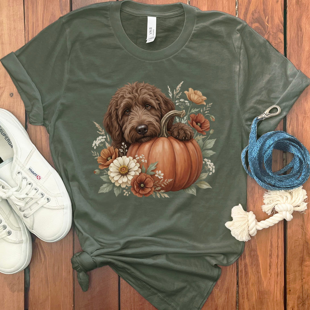 Chocolate Goldendoodle Pumpkin Hug T-Shirt in S / Military Green by Puppy Jo